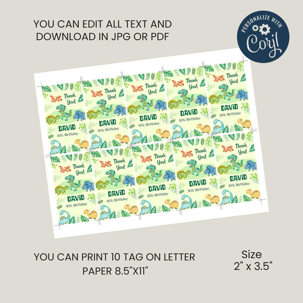 Editable Dinosaur Thank You Tags | Green Jungle Party Favor Tags | Cute Watercolor Dino Theme | Digital Corjl Template for Boys Birthday - Lovely Printable Party