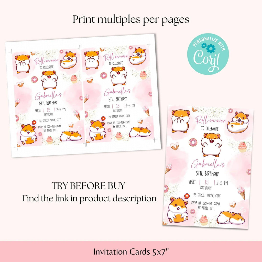 Hamster Birthday Invitation, Digital White Pink Birthday Party, Minimal, Modern, Hamster Invite, Hampster, cute, Mouse, Hamster Invite - Lovely Printable Party