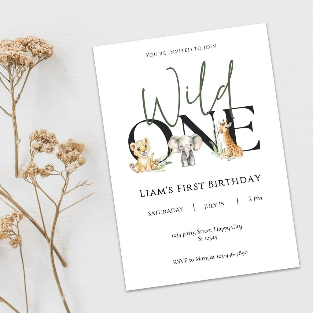 Wild One First Birthday Invitation Editable | Safari Jungle Party Invite Corjl | Digital Animal Birthday Card for Boy - Lovely Printable Party