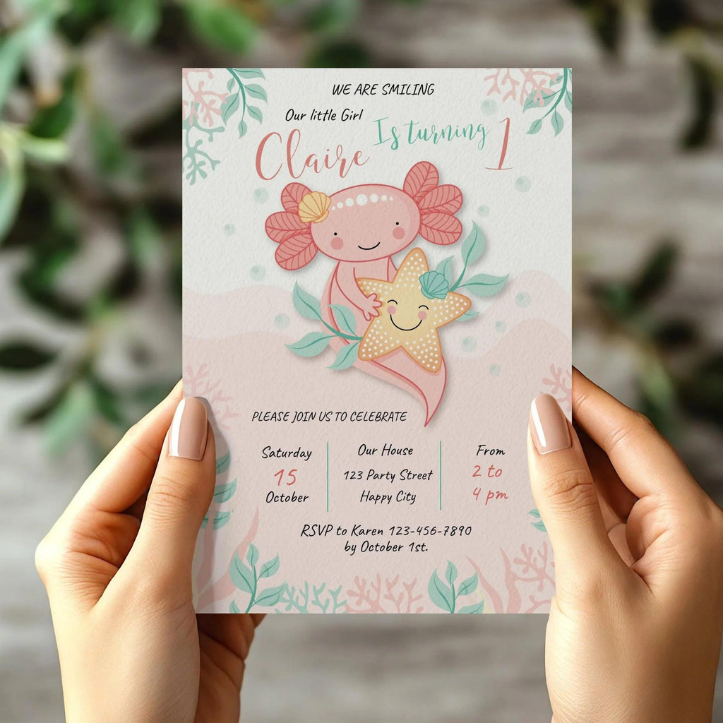 Axolotl Pink Birthday Invitation Instant Download Digital template - Lovely Printable Party