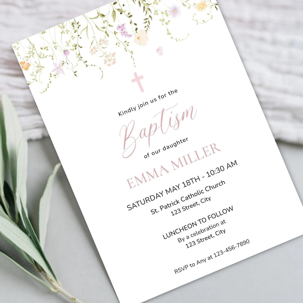 Girl Baptism Invitation with Photo – Corjl Template – Printable Floral Christening Invite – Digital Download - Lovely Printable Party