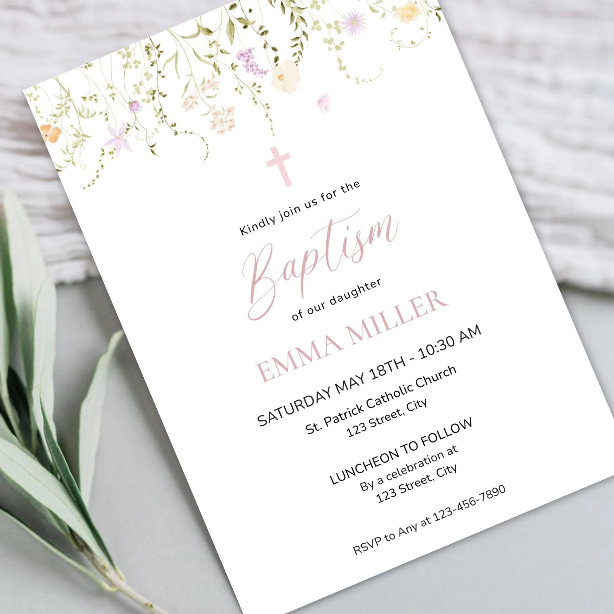 Girl Baptism Invitation with Photo – Corjl Template – Printable Floral Christening Invite – Digital Download - Lovely Printable Party