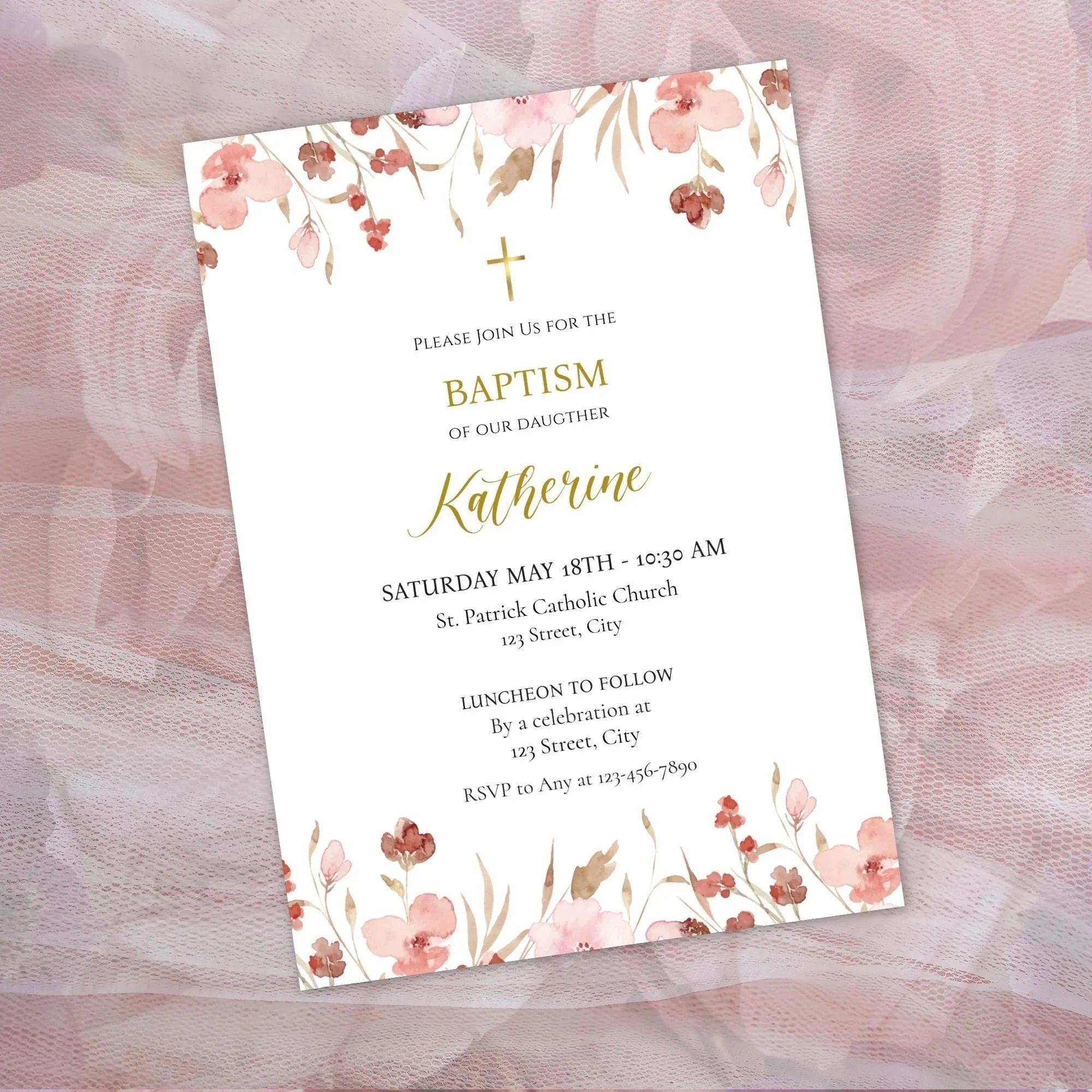 Pink Flowers Baptism Invitation Template, Custom Baptism Invite, Editable Baptism Invitation, Girl Baptism Invite - Lovely Printable Party