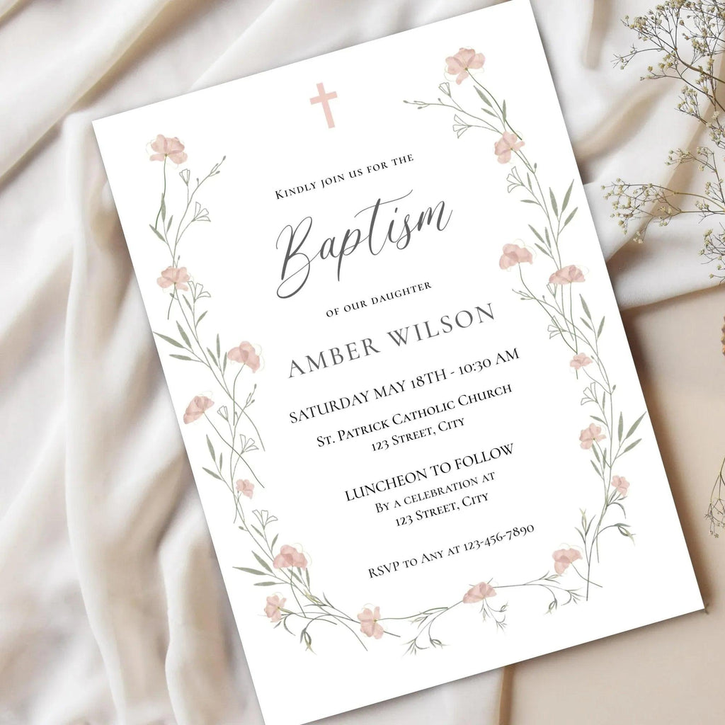 Baptism Invitation Girl Editable – Pink Floral Corjl Template – Wildflowers Christening Invite – Printable Digital File - Lovely Printable Party