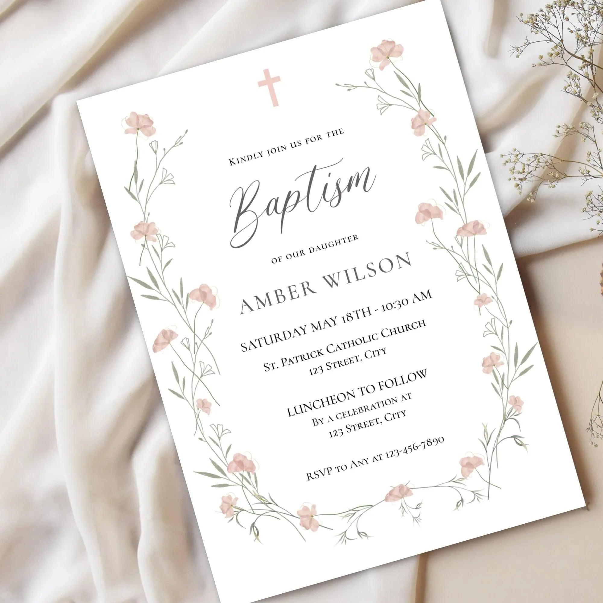 Baptism Invitation Girl Editable – Pink Floral Corjl Template – Wildflowers Christening Invite – Printable Digital File - Lovely Printable Party
