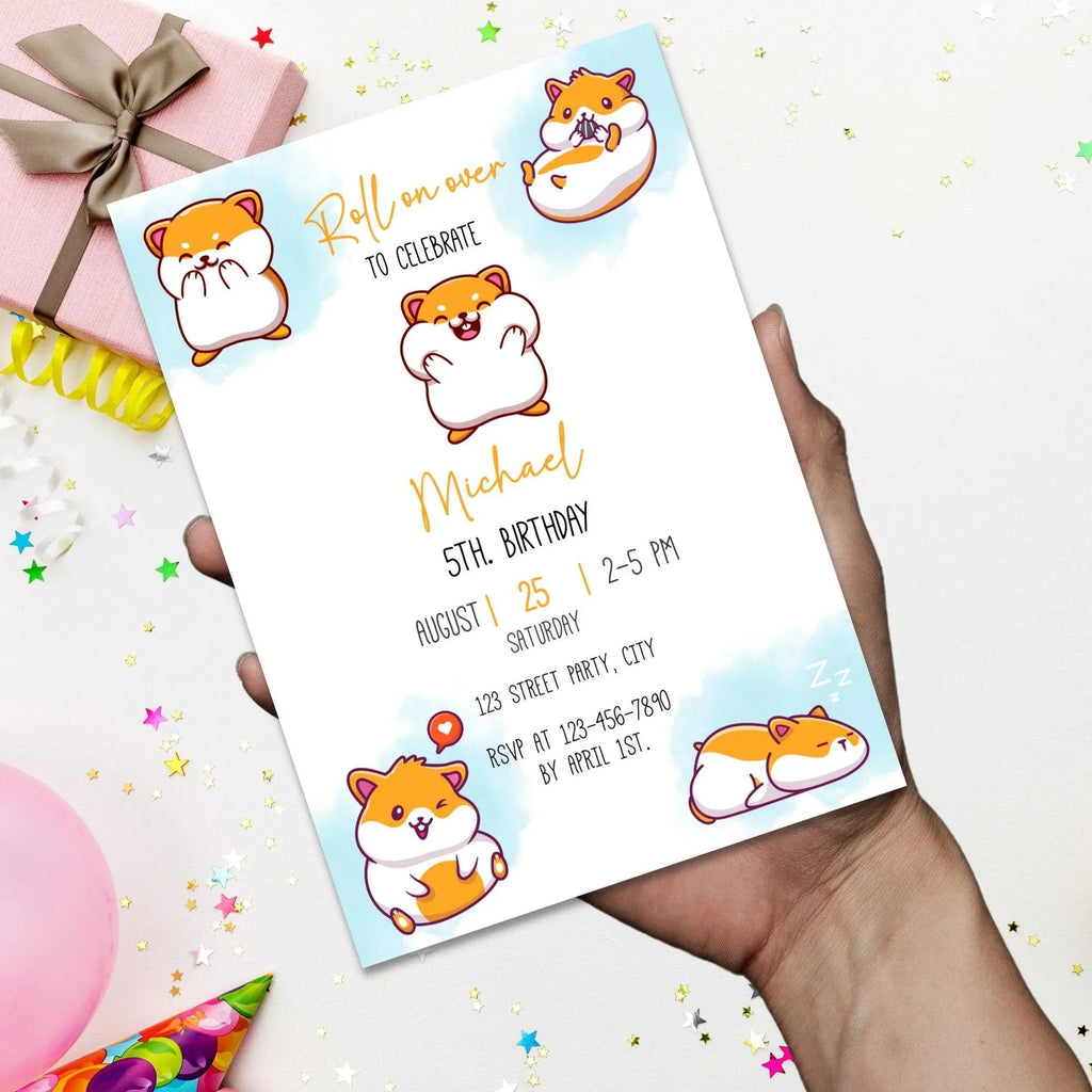 Hamster Birthday Invitation, Digital White Blue Birthday Party, Minimal, Modern, Hamster Invite, Hampster, cute, Mouse, Hamster Invite - Lovely Printable Party