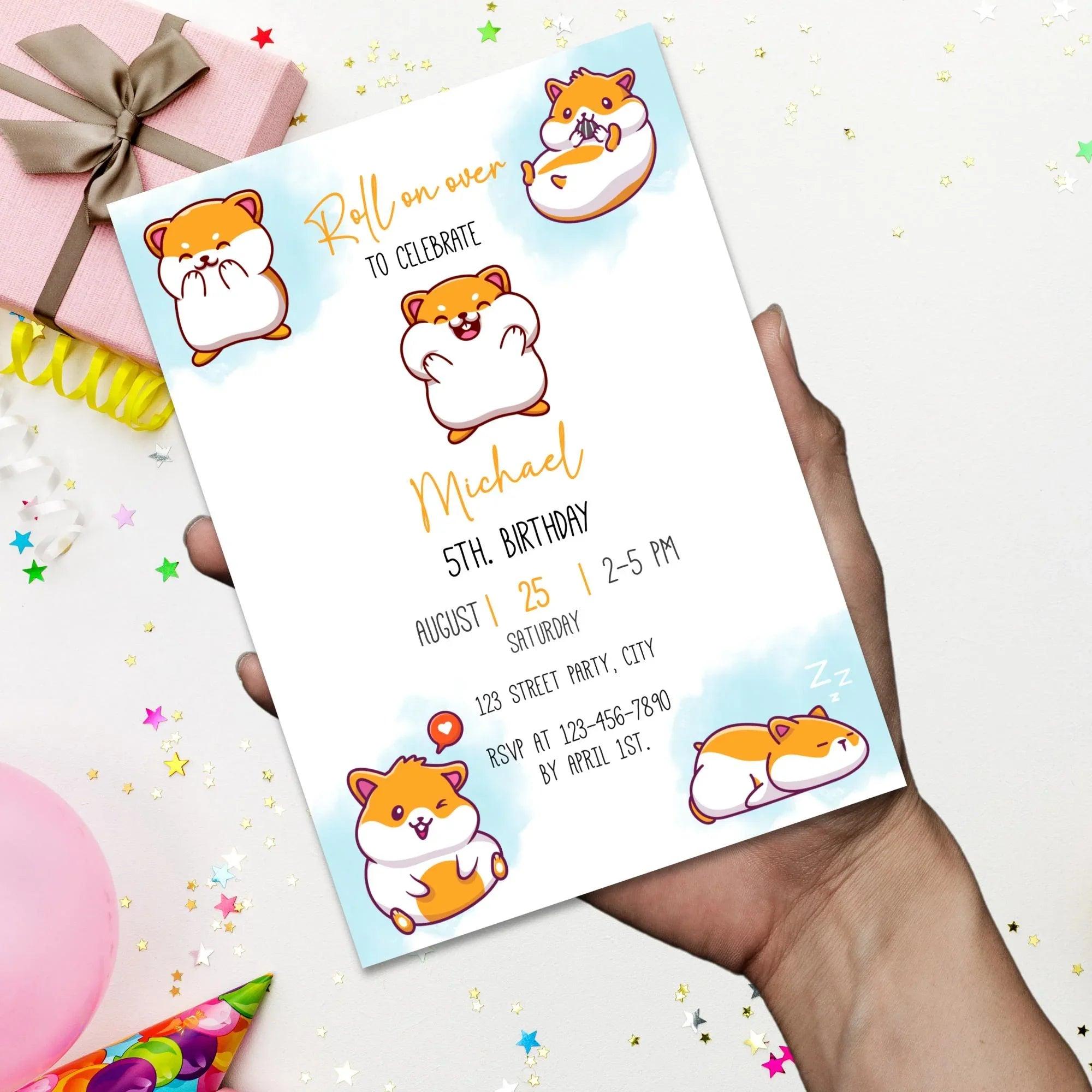 Hamster Birthday Invitation, Digital White Blue Birthday Party, Minimal, Modern, Hamster Invite, Hampster, cute, Mouse, Hamster Invite - Lovely Printable Party