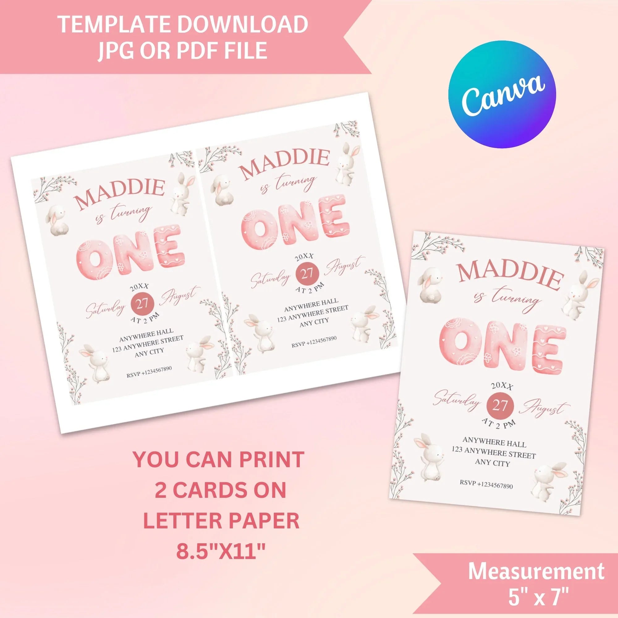 Watercolor Rabbit Birthday Invitation, Rabbit 1st Birthday Invite, Girl Bunny Birthday, Pink Floral, Editable Bunny, Invite Template - Lovely Party