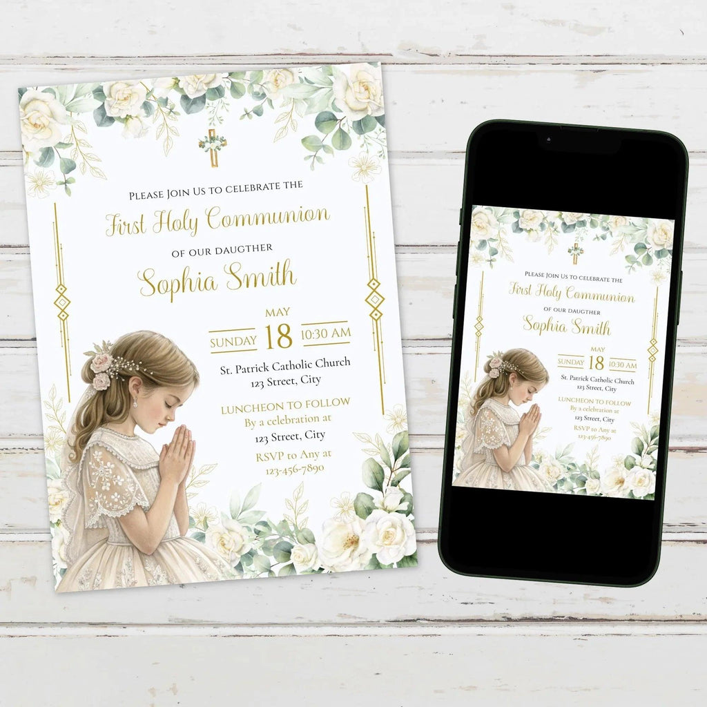 First Holy Communion, Invitation Template, Girl First Communion Invite, Editable First Communion Invitation Girl, Instant Download - Lovely Printable Party