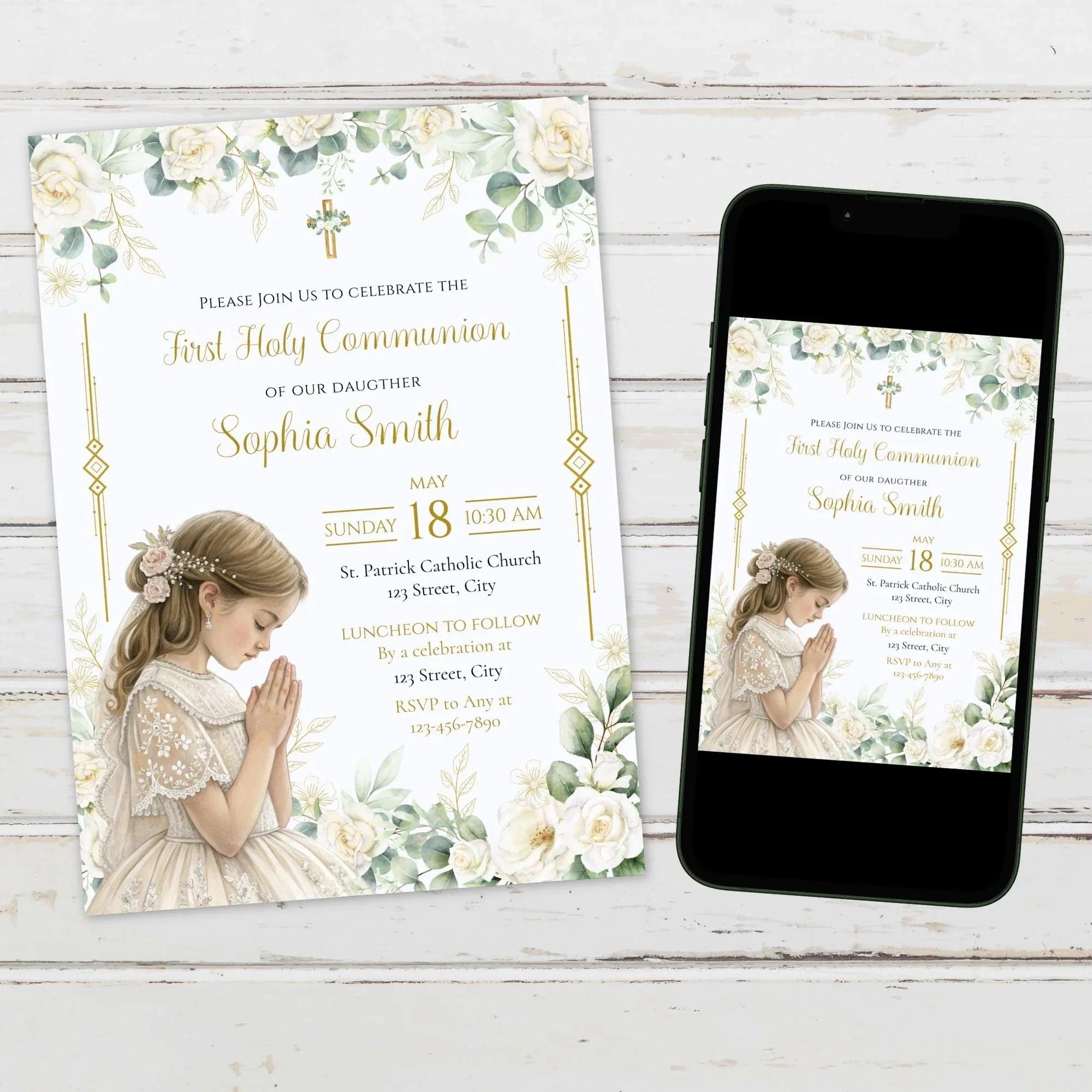 First Holy Communion, Invitation Template, Girl First Communion Invite, Editable First Communion Invitation Girl, Instant Download - Lovely Printable Party