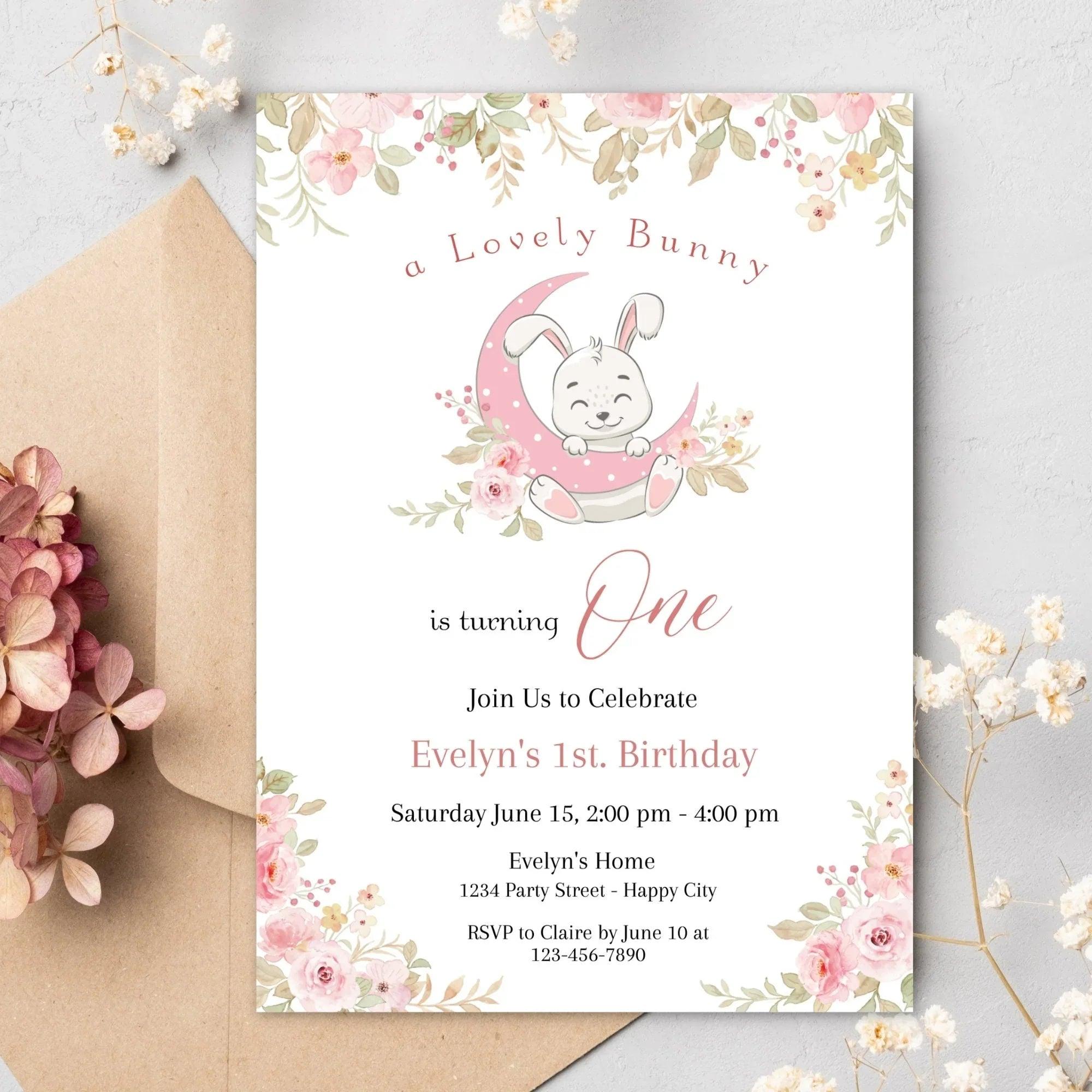 Bunny party pack, Water bottle Label, Invitation, Welcome Sign, Printable Bunny 1st Birthday, Digital Editable, rabbit Party favor - Lovely Printable Party