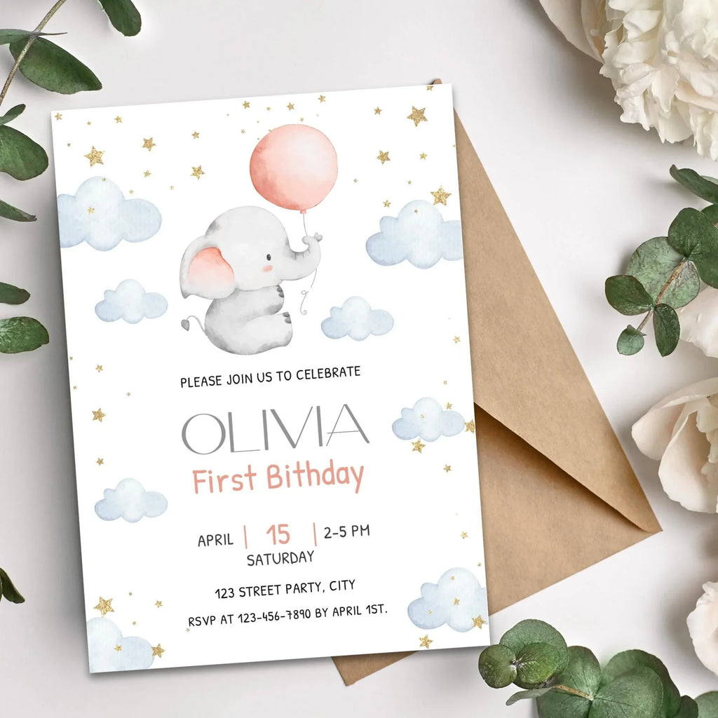 Baby Elephant 1st Birthday Invitation - Editable Corjl Template - Lovely Party