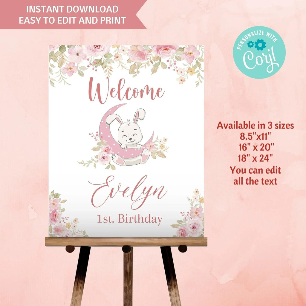 Bunny party pack, Water bottle Label, Invitation, Welcome Sign, Printable Bunny 1st Birthday, Digital Editable, rabbit Party favor - Lovely Printable Party