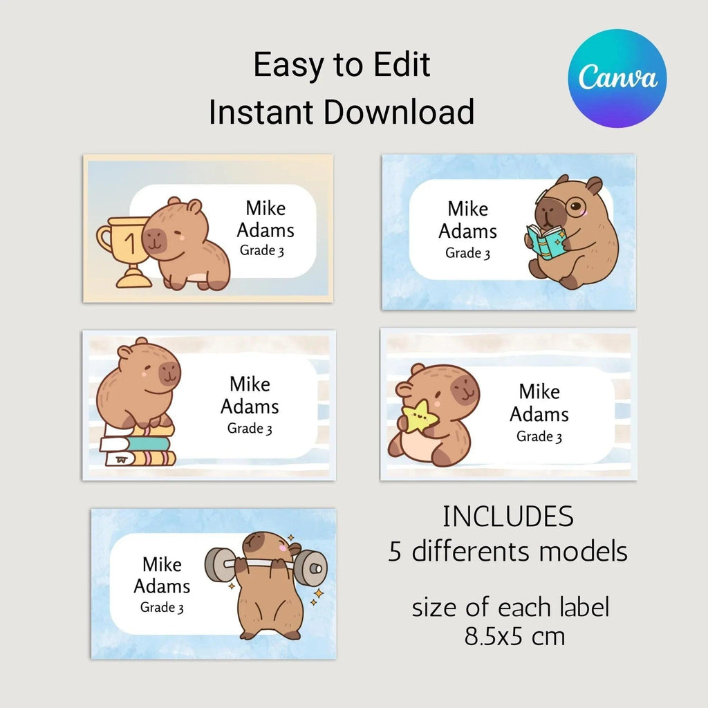 Kawaii Capybara School Name Labels – Cute Kawaii Capybara Sticker Set – Pastel Donut & Laptop Designs – Printable Name Tags for Kids - Lovely Printable Party