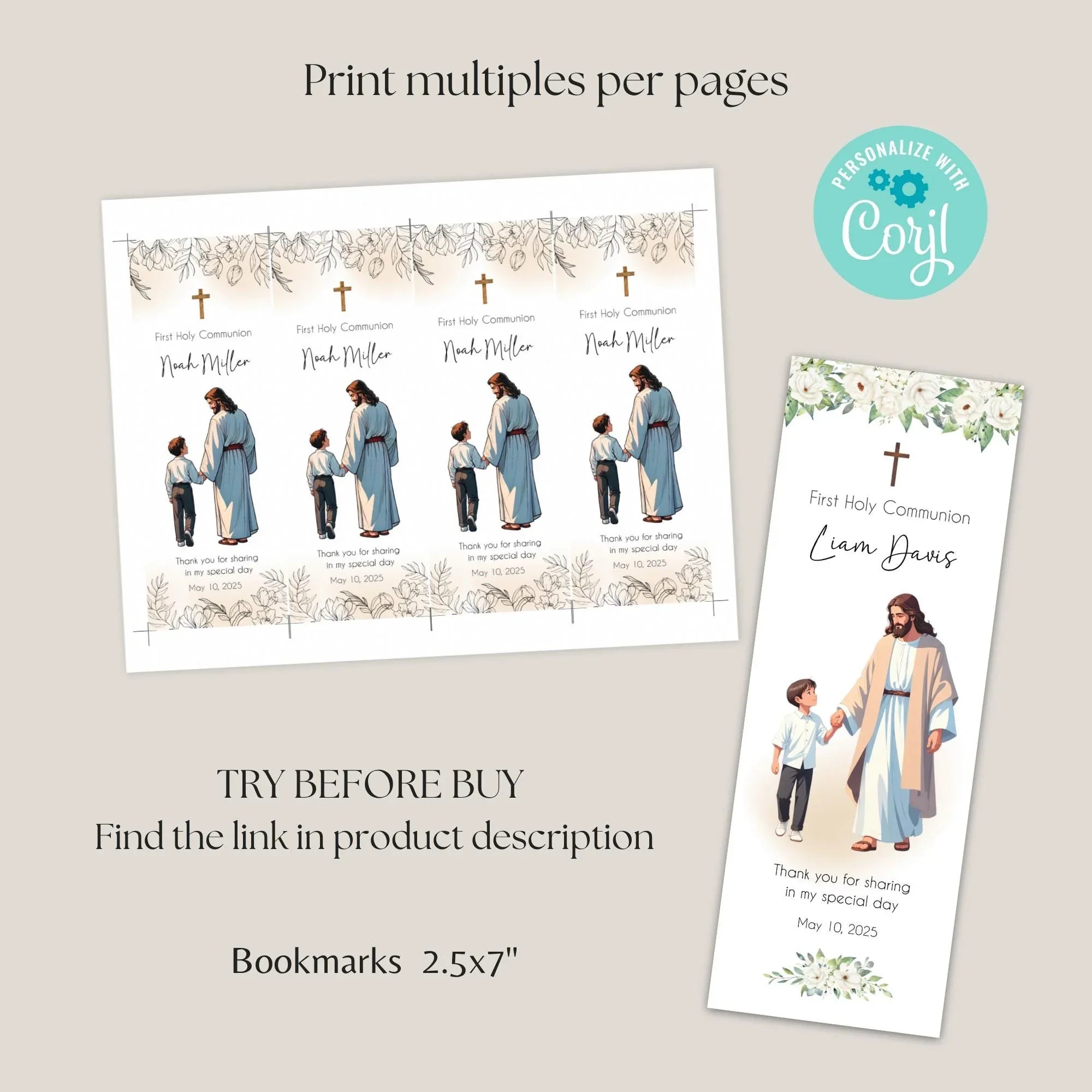 Jesus and boy white flowers Communion Bookmark - Lovely Party