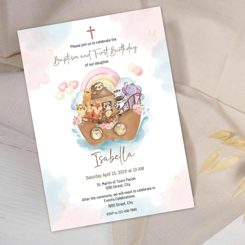 Girl Noah's Ark Baptism and First Birthday Invitation - Lovely Party