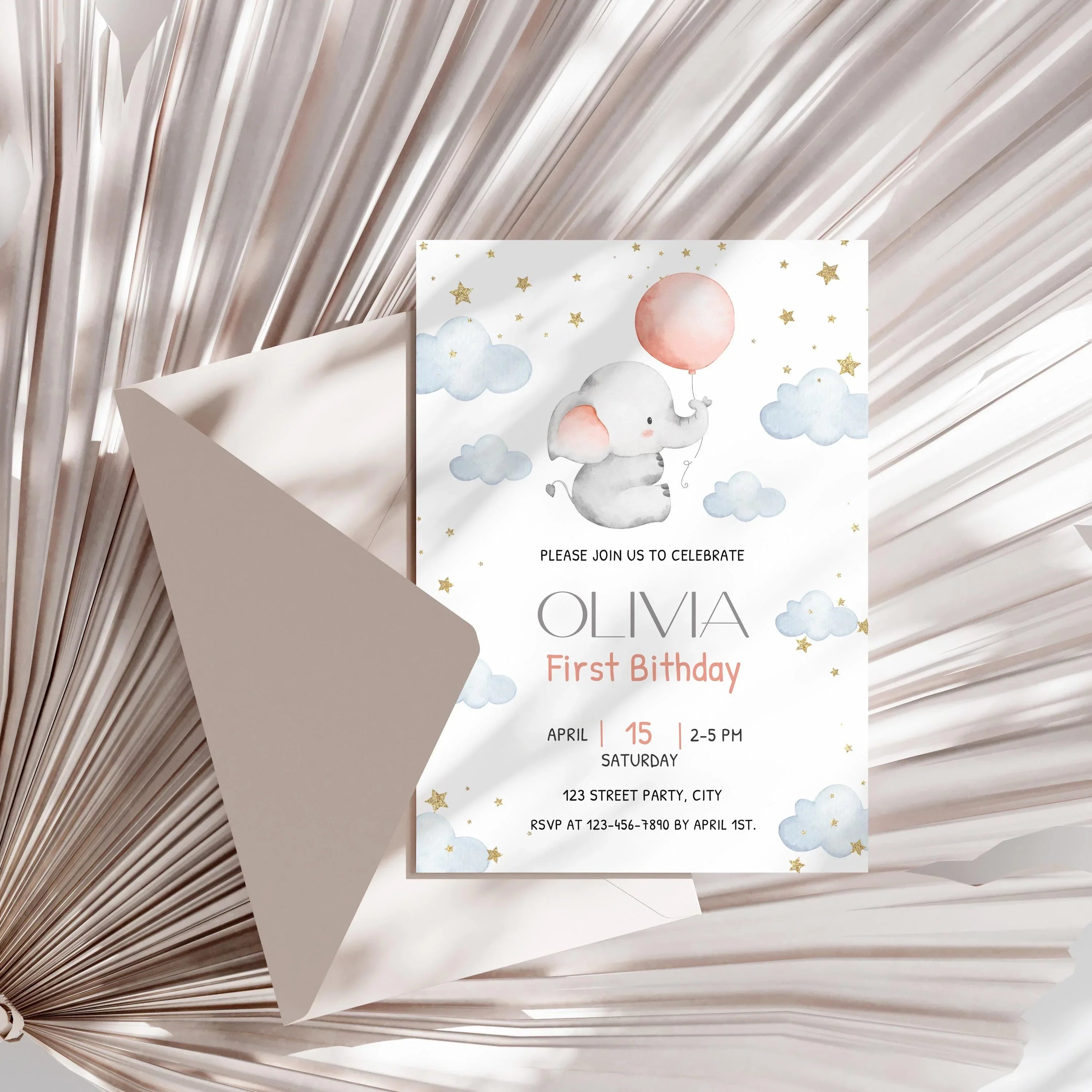 Baby Elephant 1st Birthday Invitation - Editable Corjl Template - Lovely Party