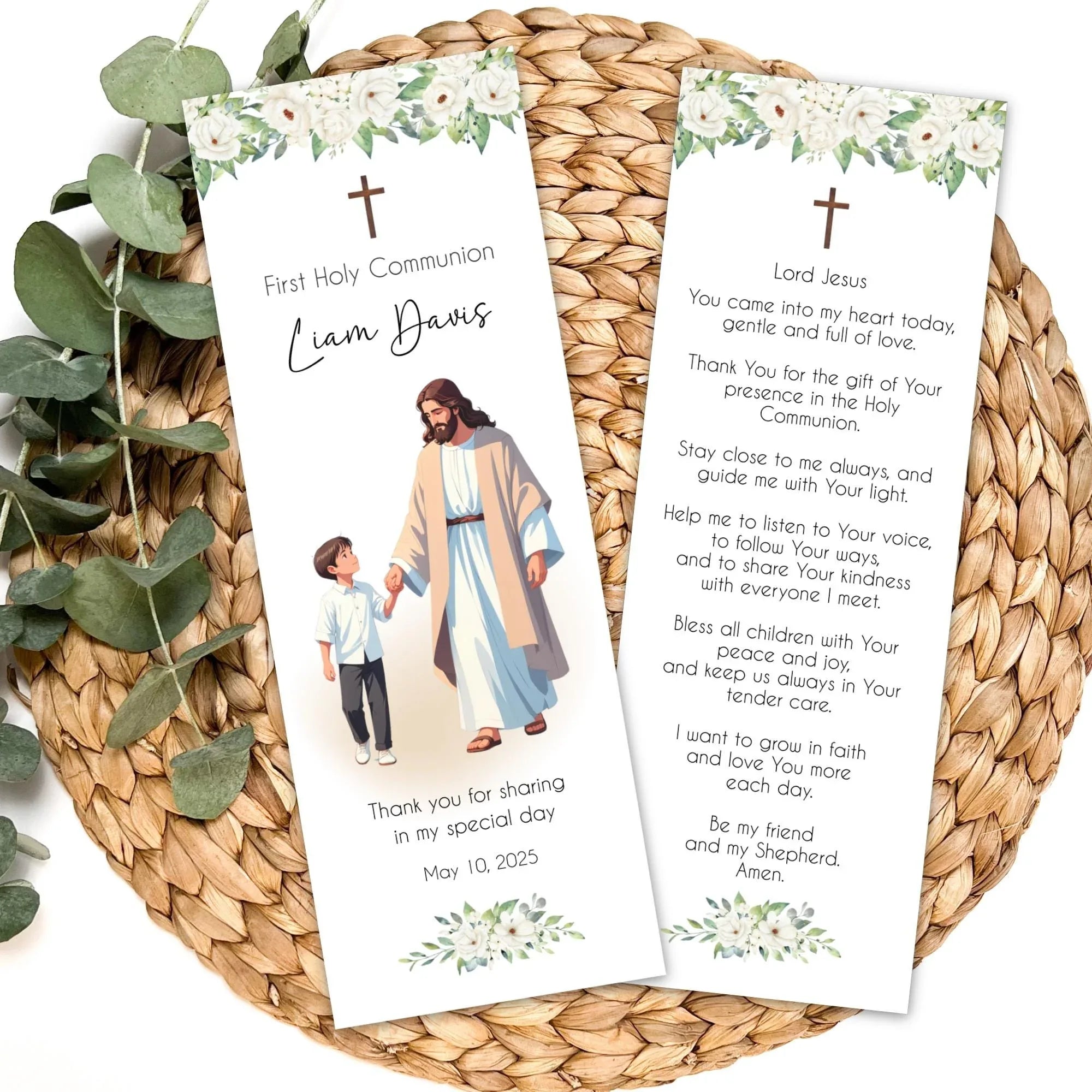 Jesus and boy white flowers Communion Bookmark - Lovely Party
