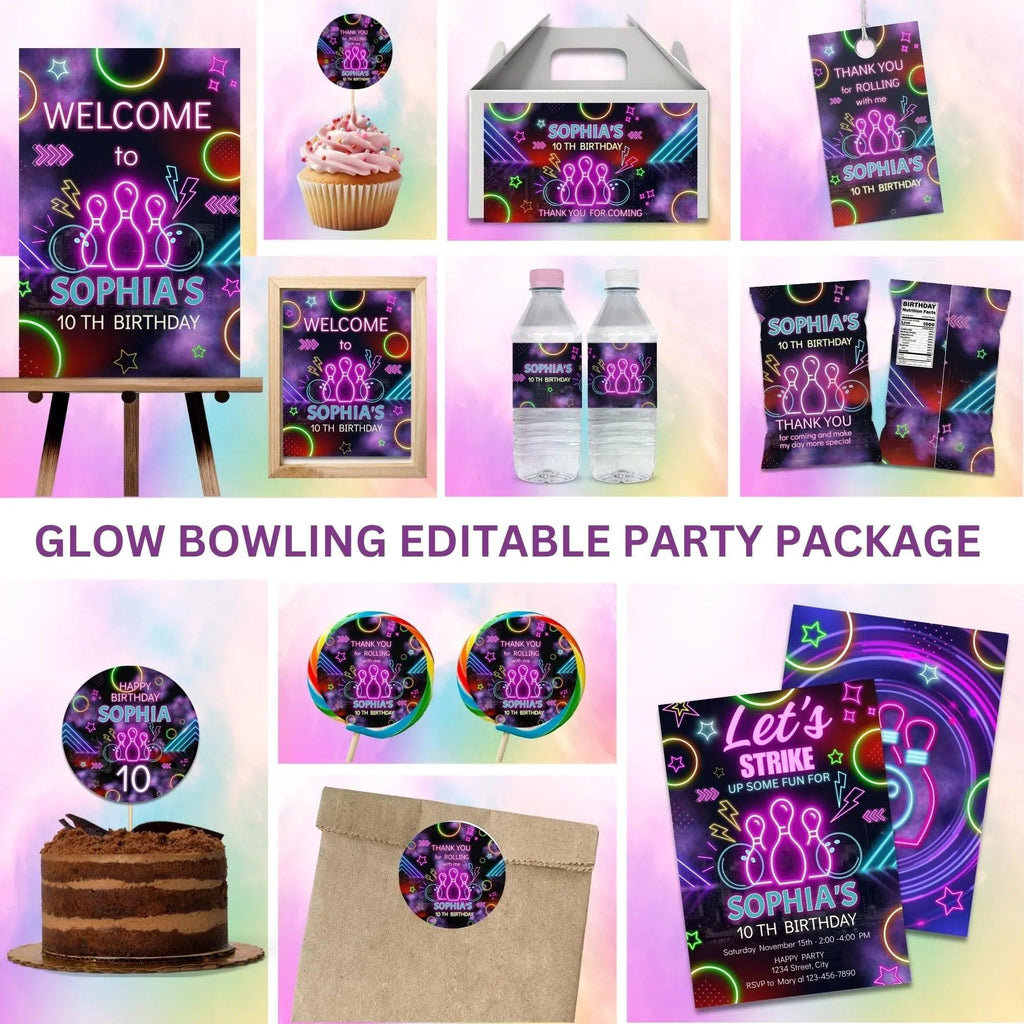 Glow Bowling Party Decorations | Editable Bowling Birthday Package | Neon Glow Printable Party Supplies - Lovely Printable Party