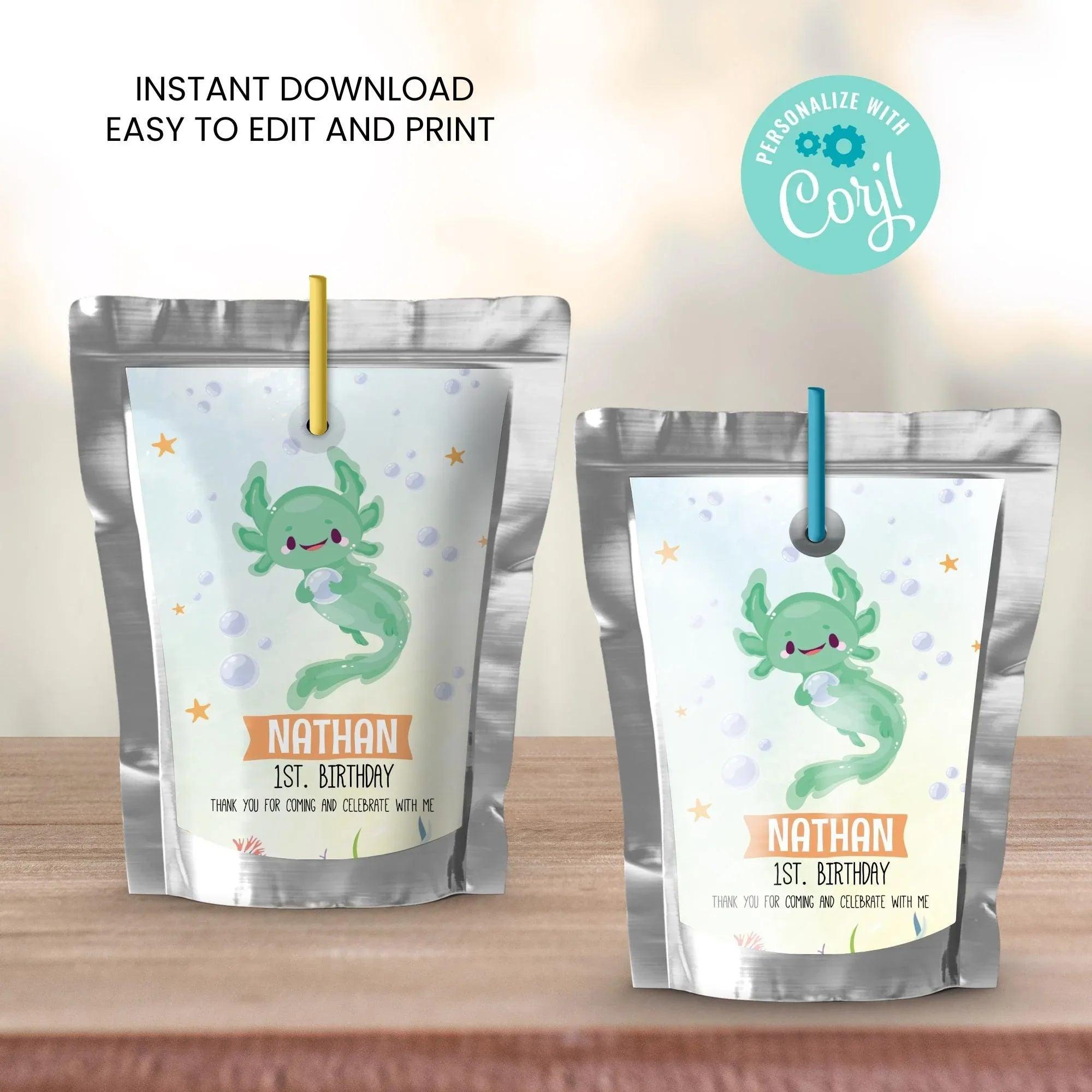 Axolotl Birthday Juice Pouch Labels | Editable Instant Download Corjl - Lovely Printable Party
