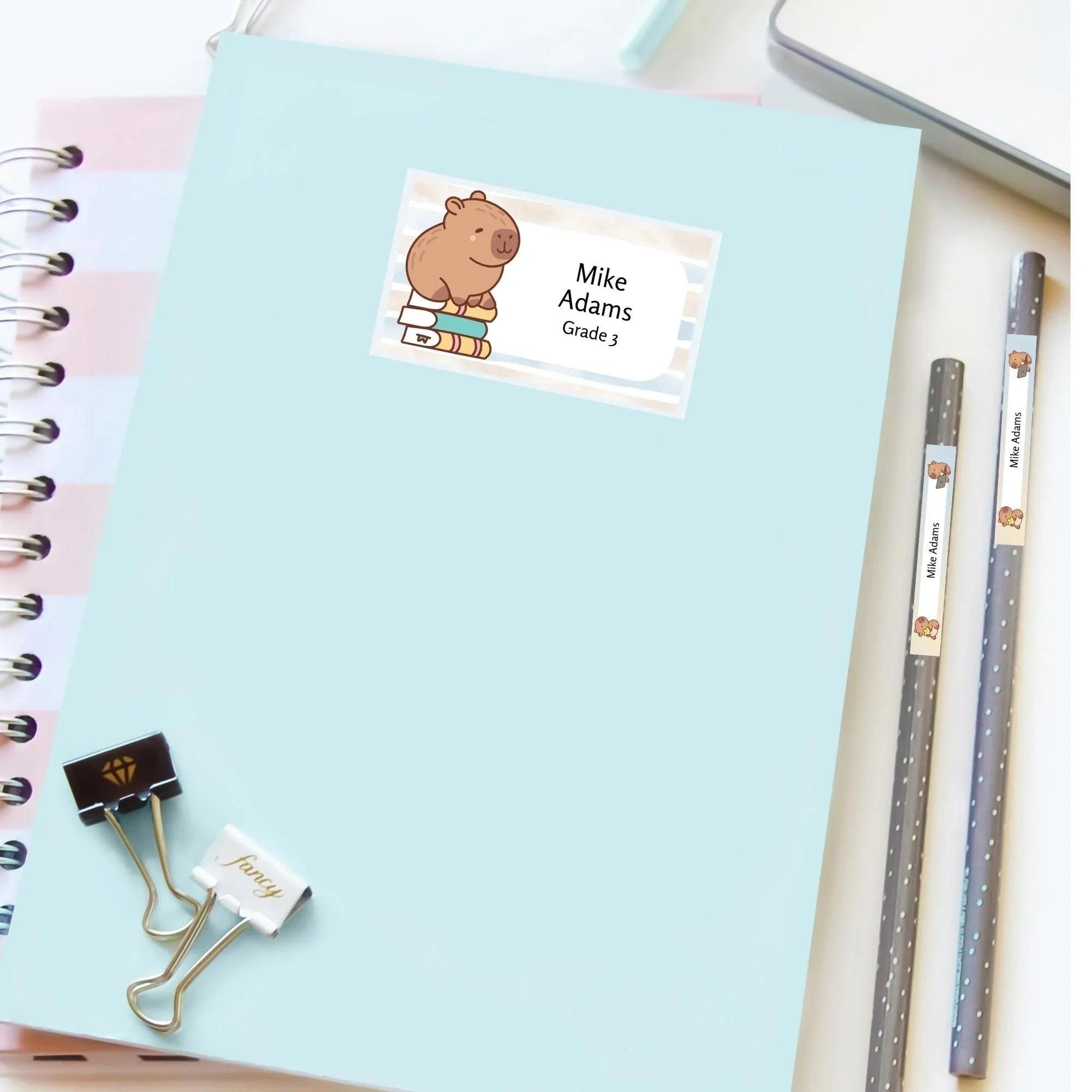 Kawaii Capybara School Name Labels – Cute Kawaii Capybara Sticker Set – Pastel Donut & Laptop Designs – Printable Name Tags for Kids - Lovely Printable Party