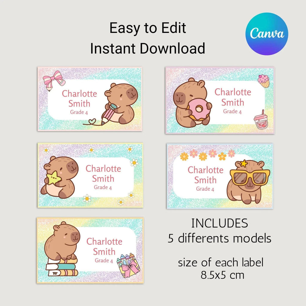 Kawaii Capybara School Name Labels – Cute Kawaii Capybara Sticker Set – Pastel Donut & Laptop Designs – Printable Name Tags for Kids - Lovely Printable Party