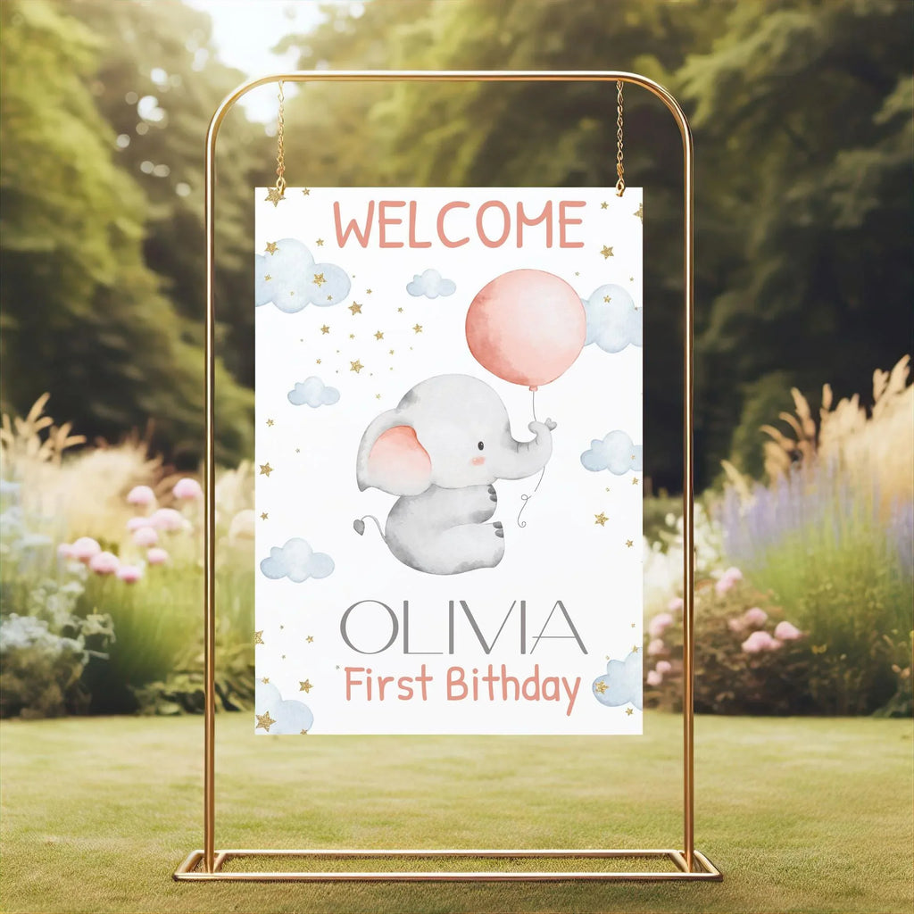 Baby Elephant Birthday Welcome Sign - Editable Corjl Template - Lovely Party