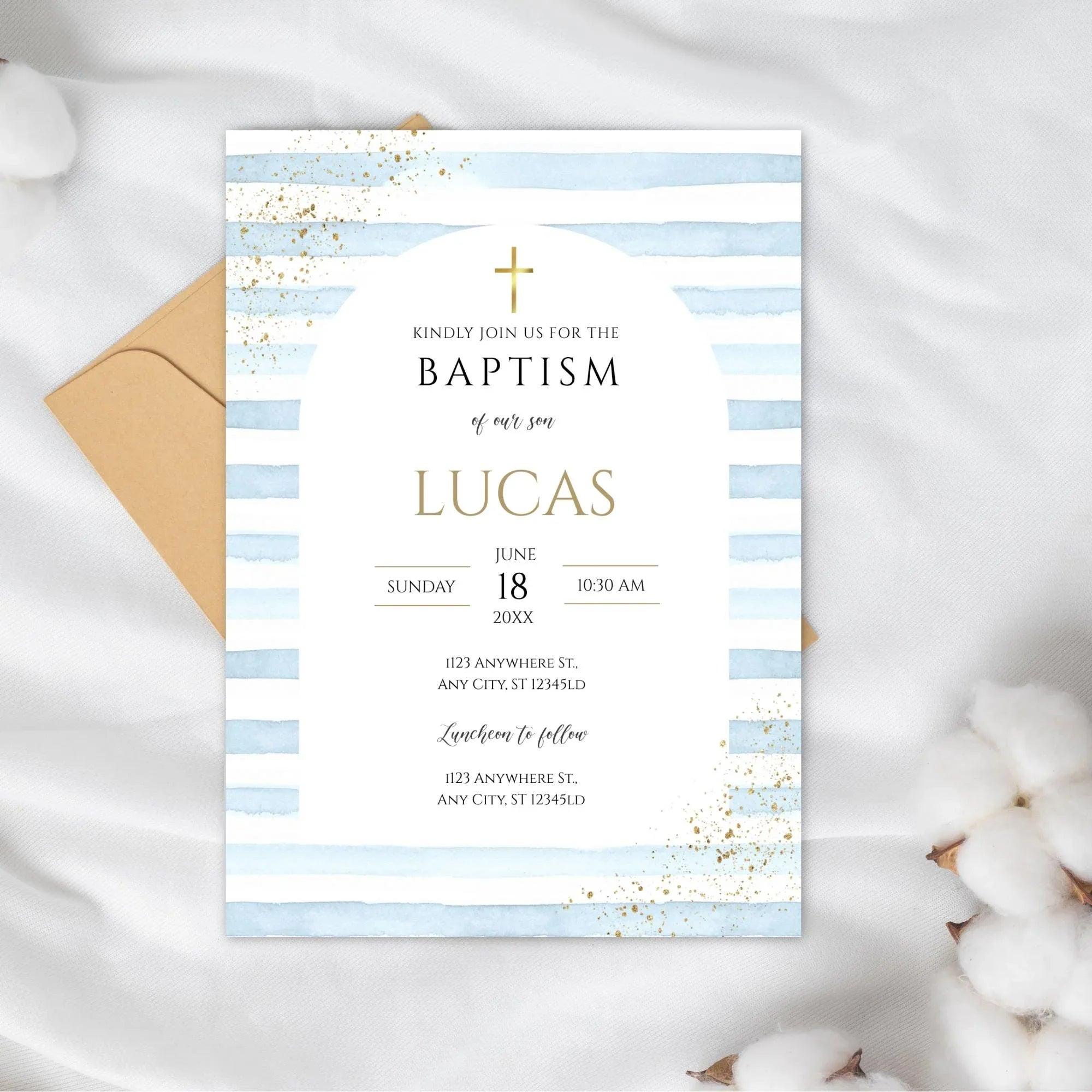 Editable Boy Baptism Invitation | Blue Gold Christening Template | Catholic Baptism Corjl | Instant Download Digital Invite - Lovely Printable Party