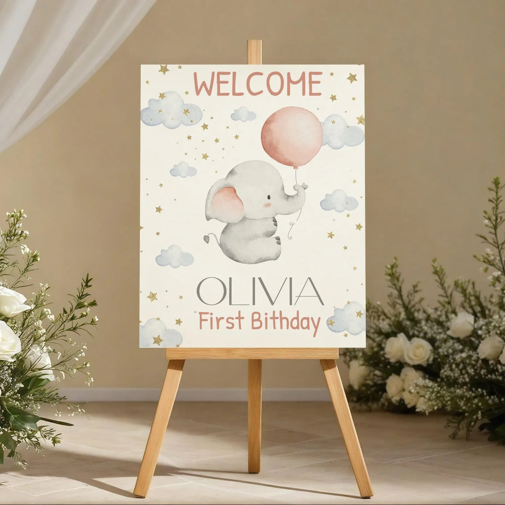 Baby Elephant Birthday Welcome Sign - Editable Corjl Template - Lovely Party