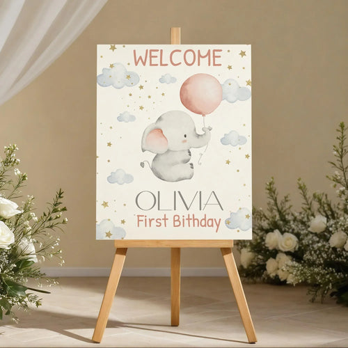 Baby Elephant Birthday Welcome Sign - Editable Corjl Template - Lovely Party