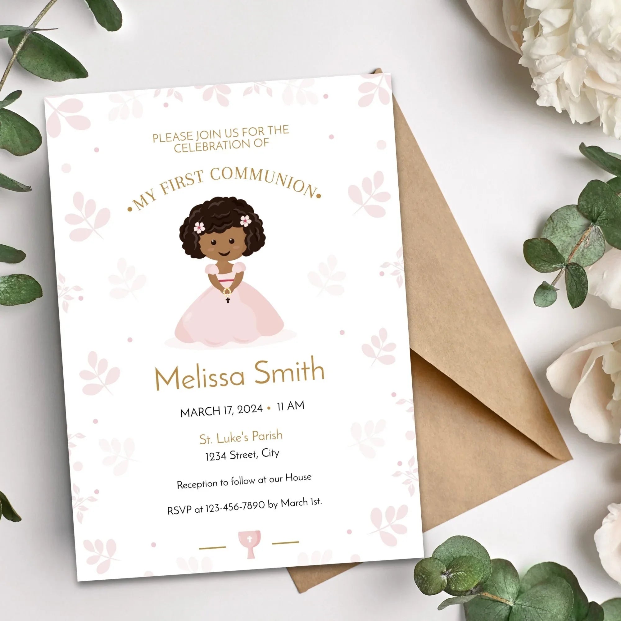 Pink leaves First Holy Communion Invitation - Lovely Party