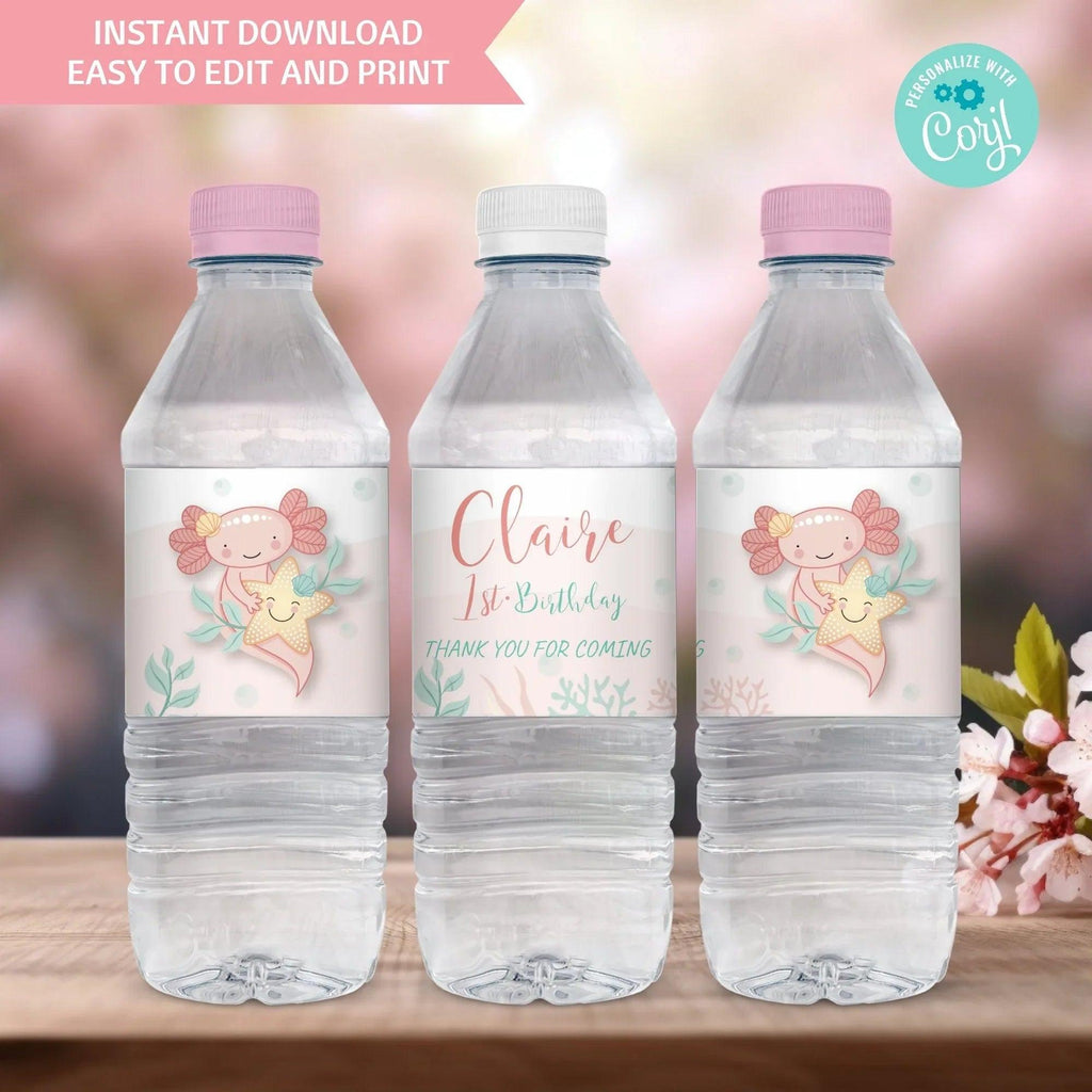 Axolotl water bottle label Instant Download Digital Template - Lovely Printable Party