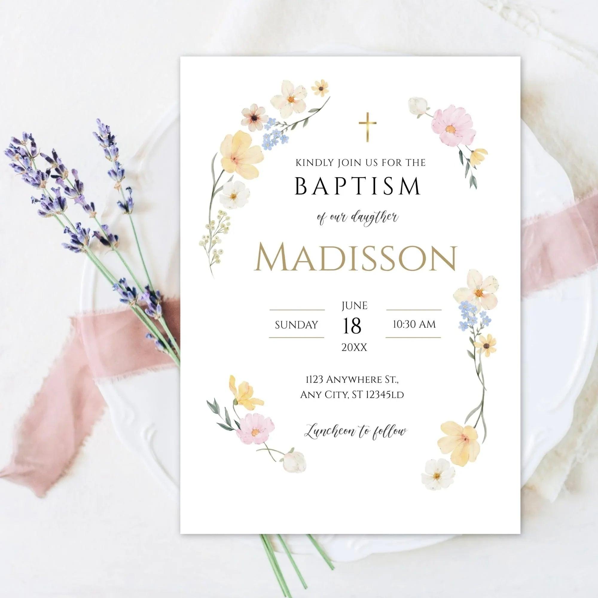 Wildflower Baptism Invitation Template – Digital Download for Baby Girl Christening – Editable Floral Printable with Gold Accents - Lovely Printable Party