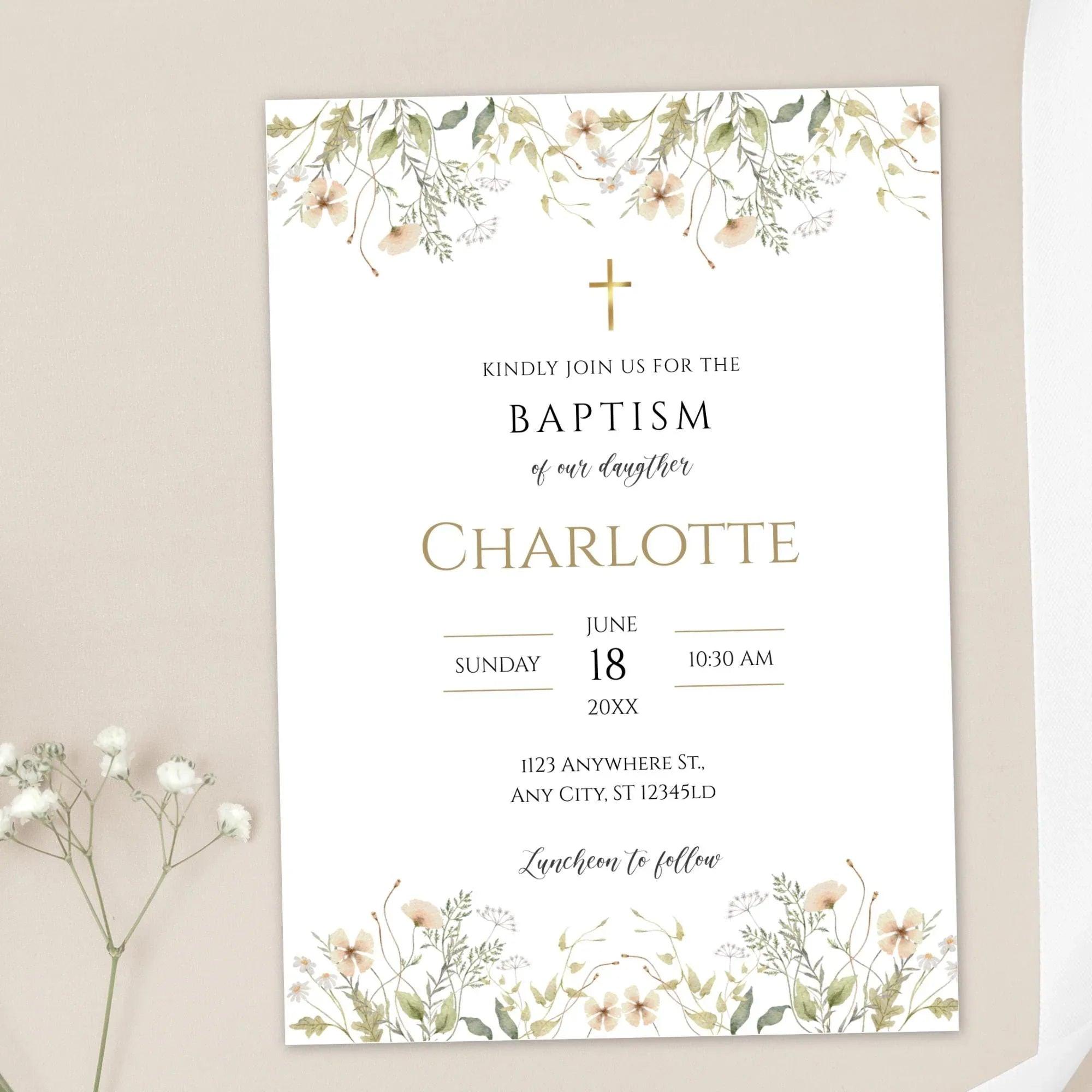 Baptism Invitation Girl | Wildflower Christening Template | Printable Baptism Card | Baby Girl Baptism Invite | Instant Download - Lovely Printable Party