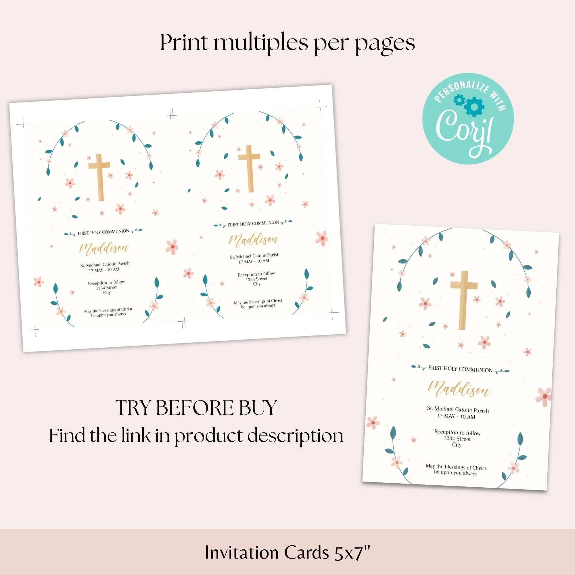 Flowers and Leaves Communion Invitation - Lovely Party