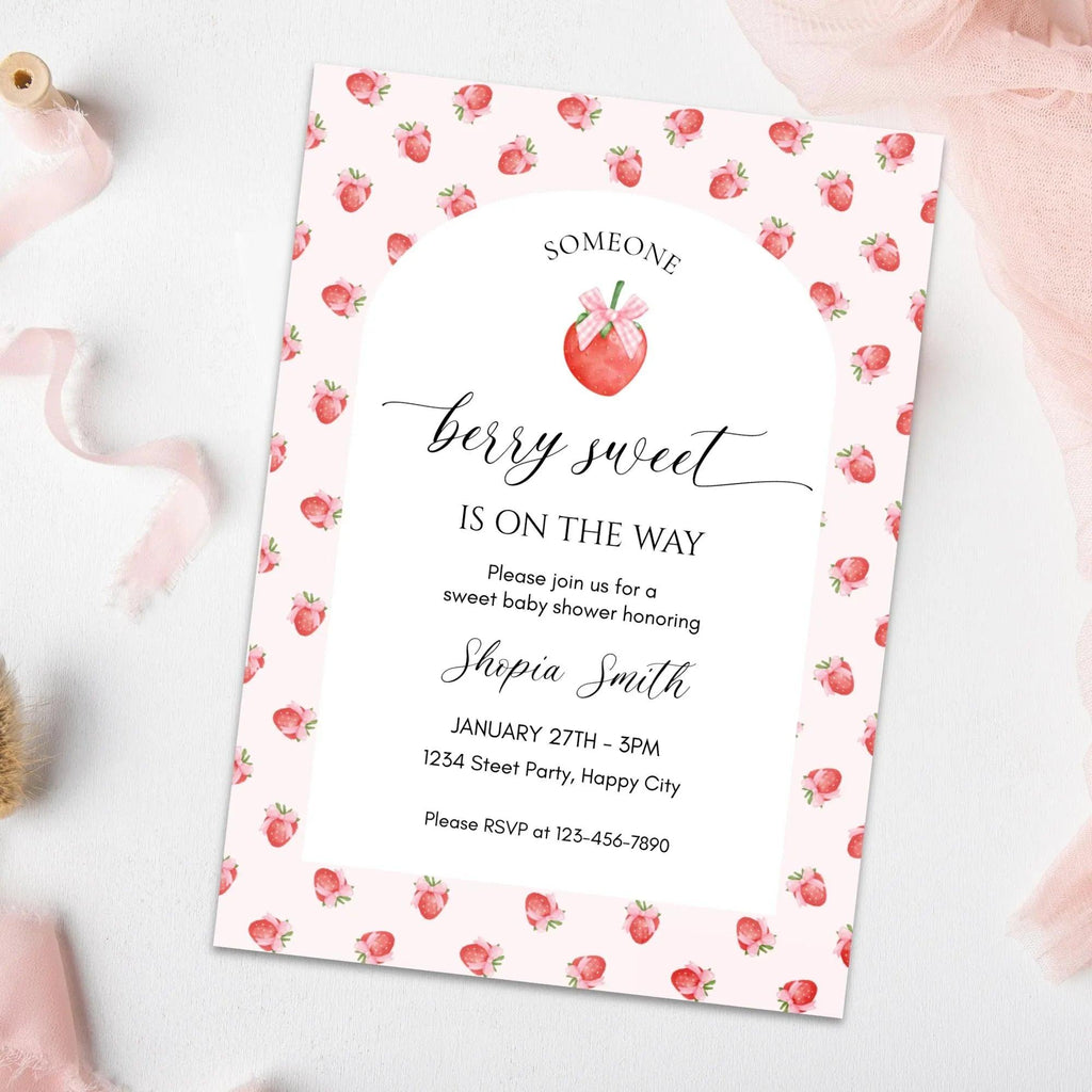 Strawberry Baby Shower Invitation Template, Berry Sweet Baby on the Way Invite, Berry Sweet Invitation, Printable Invite, Shower Evite - Lovely Printable Party