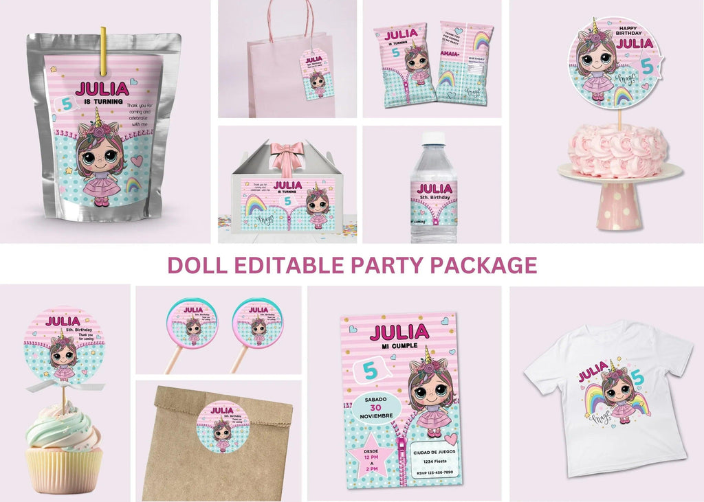 Doll Birthday Party Bundle Pack Sticker, Editable Sticker, Doll Birthday Tag, Doll party favor label, Instant Download, Doll topper - Lovely Printable Party