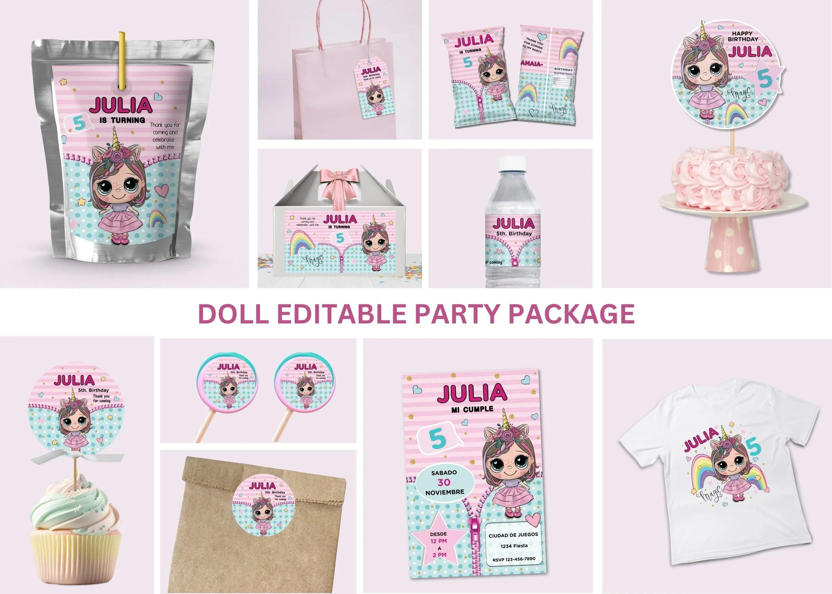 Doll Birthday Party Bundle Pack Sticker, Editable Sticker, Doll Birthday Tag, Doll party favor label, Instant Download, Doll topper - Lovely Printable Party