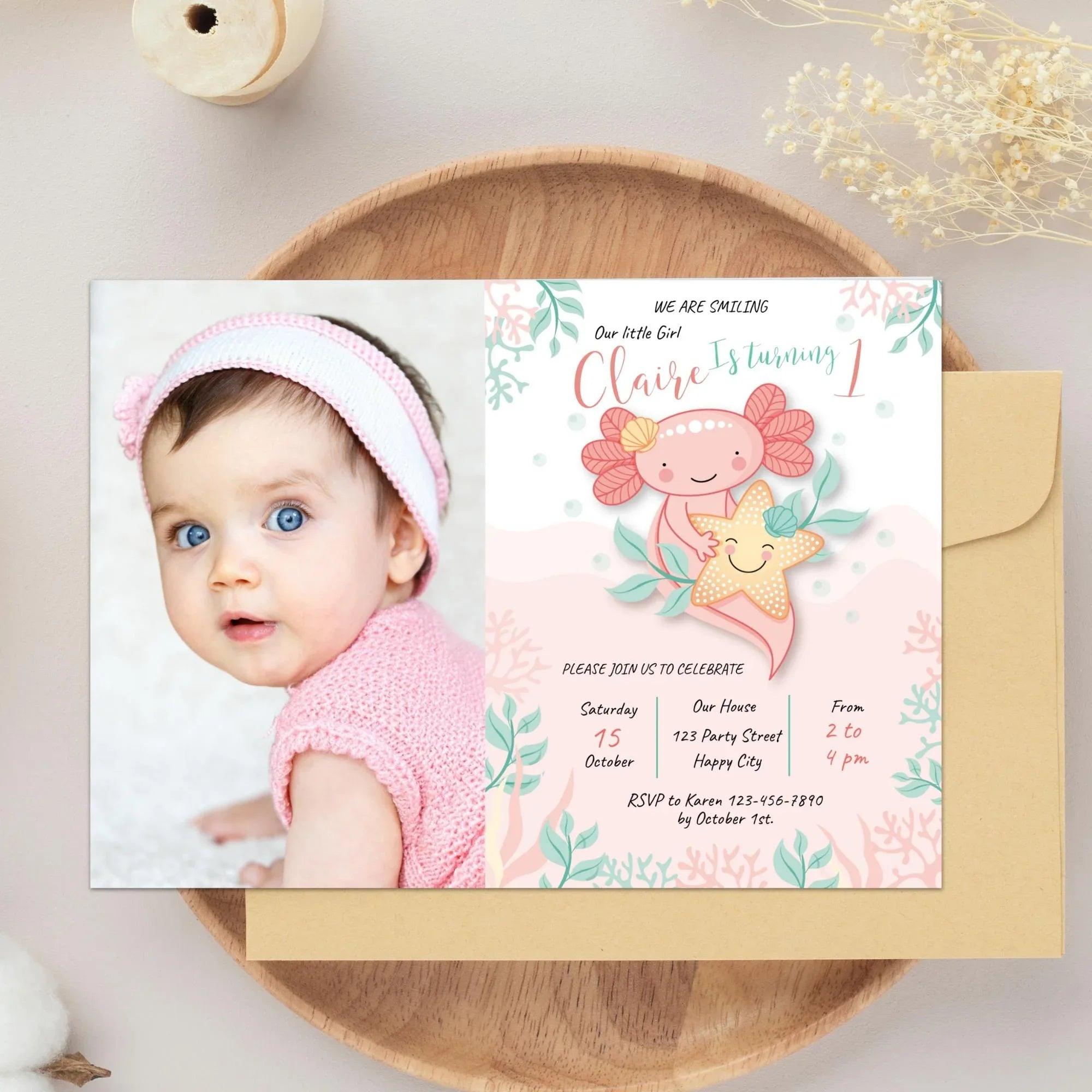 Axolotl Birthday Photo Invitation Instant Download Digital Template - Lovely Printable Party