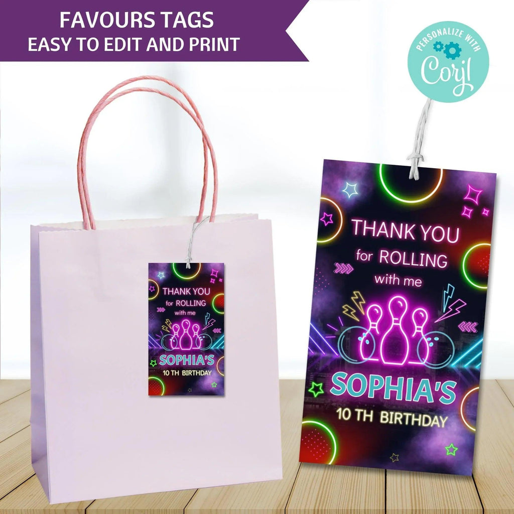 Personalized Neon Bowling Party Invitation and Tag Template, Digital Download for Kids' Birthday or Bowling-Themed Event - Lovely Printable Party