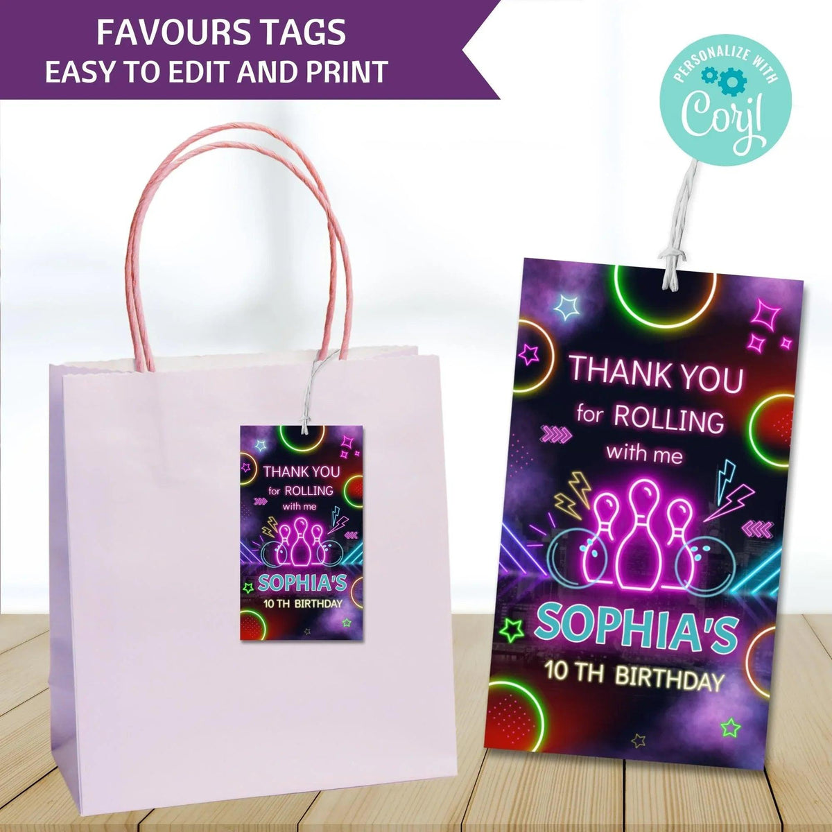 Personalized Neon Bowling Party Invitation and Tag Template, Digital Download for Kids' Birthday or Bowling-Themed Event - Lovely Printable Party