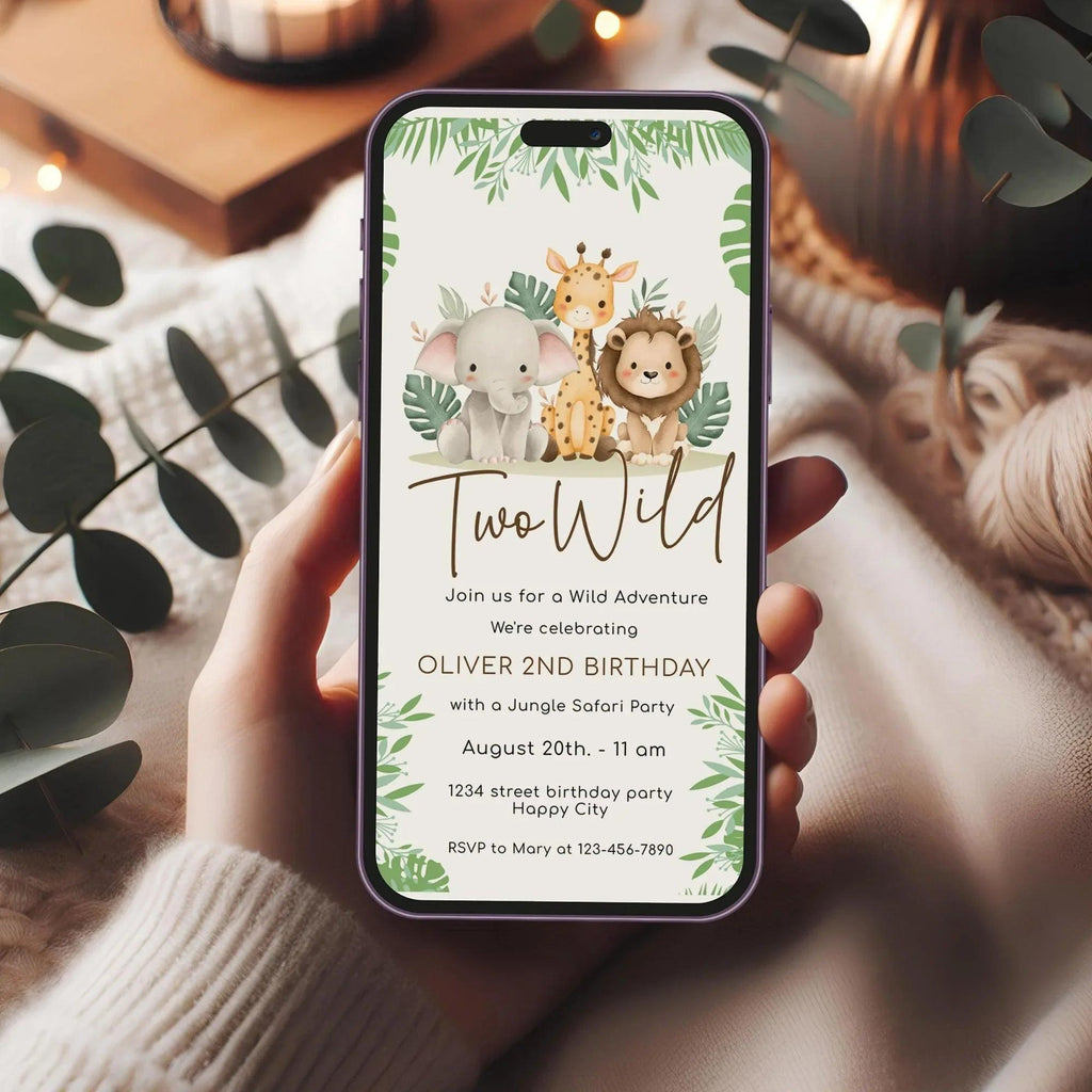 Two Wild 2nd Birthday Invitation Editable | Safari Jungle Party Invite Corjl | Digital Printable for Boy or Girl Birthday - Lovely Printable Party