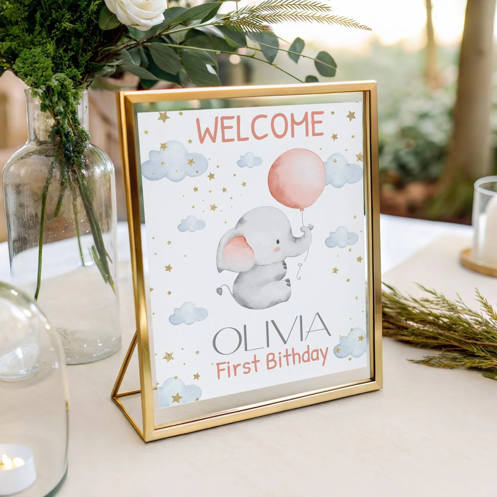 Baby Elephant Birthday Welcome Sign - Editable Corjl Template - Lovely Party