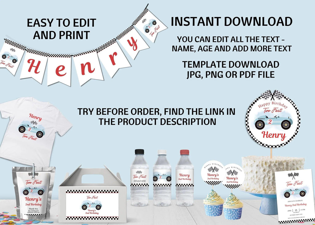Race Car Party Printable Decorations & Invitation Template Bundle - Two Fast / Fast One Birthday Theme - INSTANT DOWNLOAD - EDITABLE Text - Lovely Printable Party