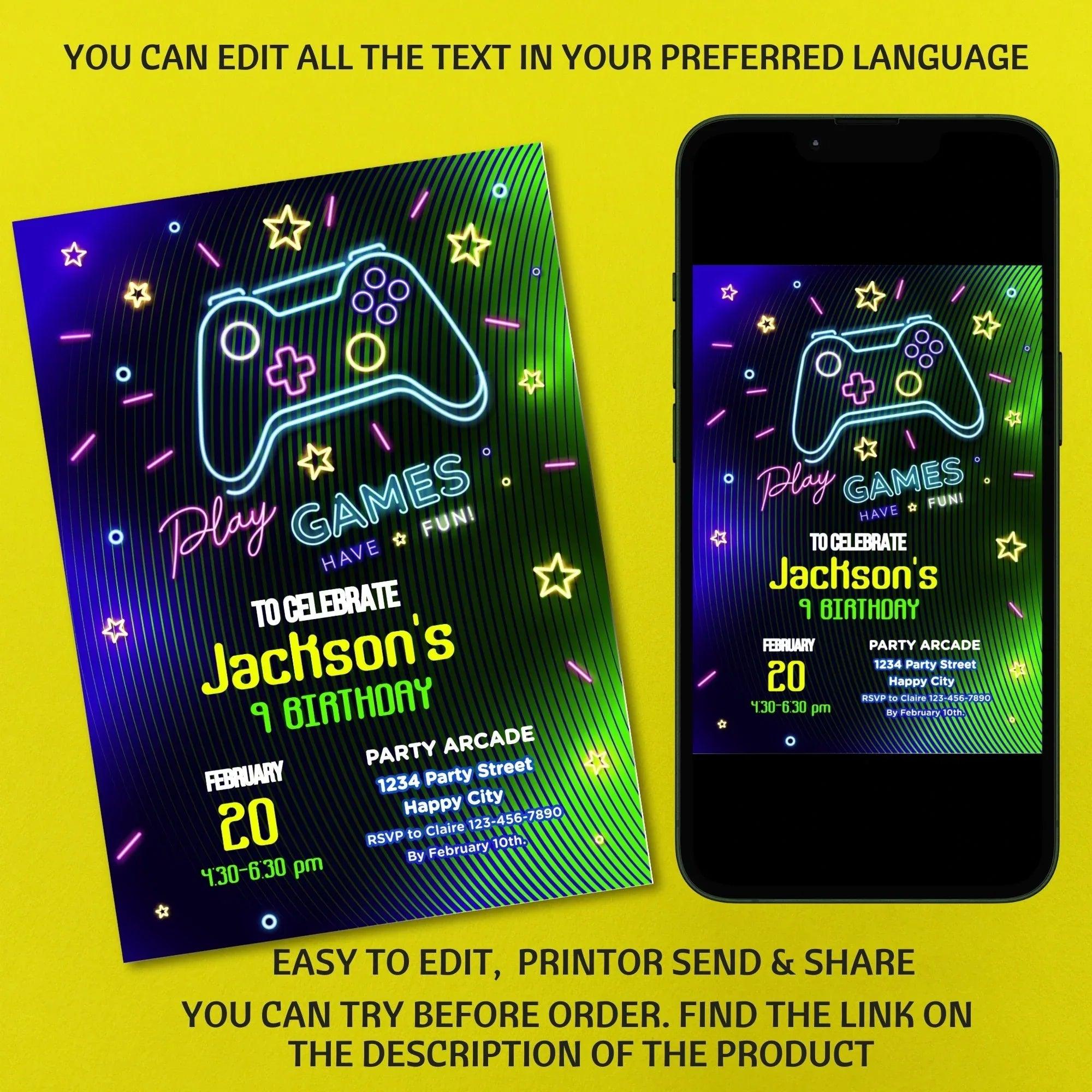 Neon Game party pack, Water bottle Label, Invitation, Welcome Sign, Printable Game Birthday, Digital Editable, Neon Gme Party favor - Lovely Printable Party