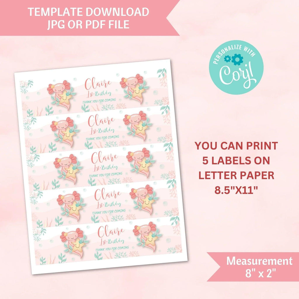 Axolotl water bottle label Instant Download Digital Template - Lovely Printable Party