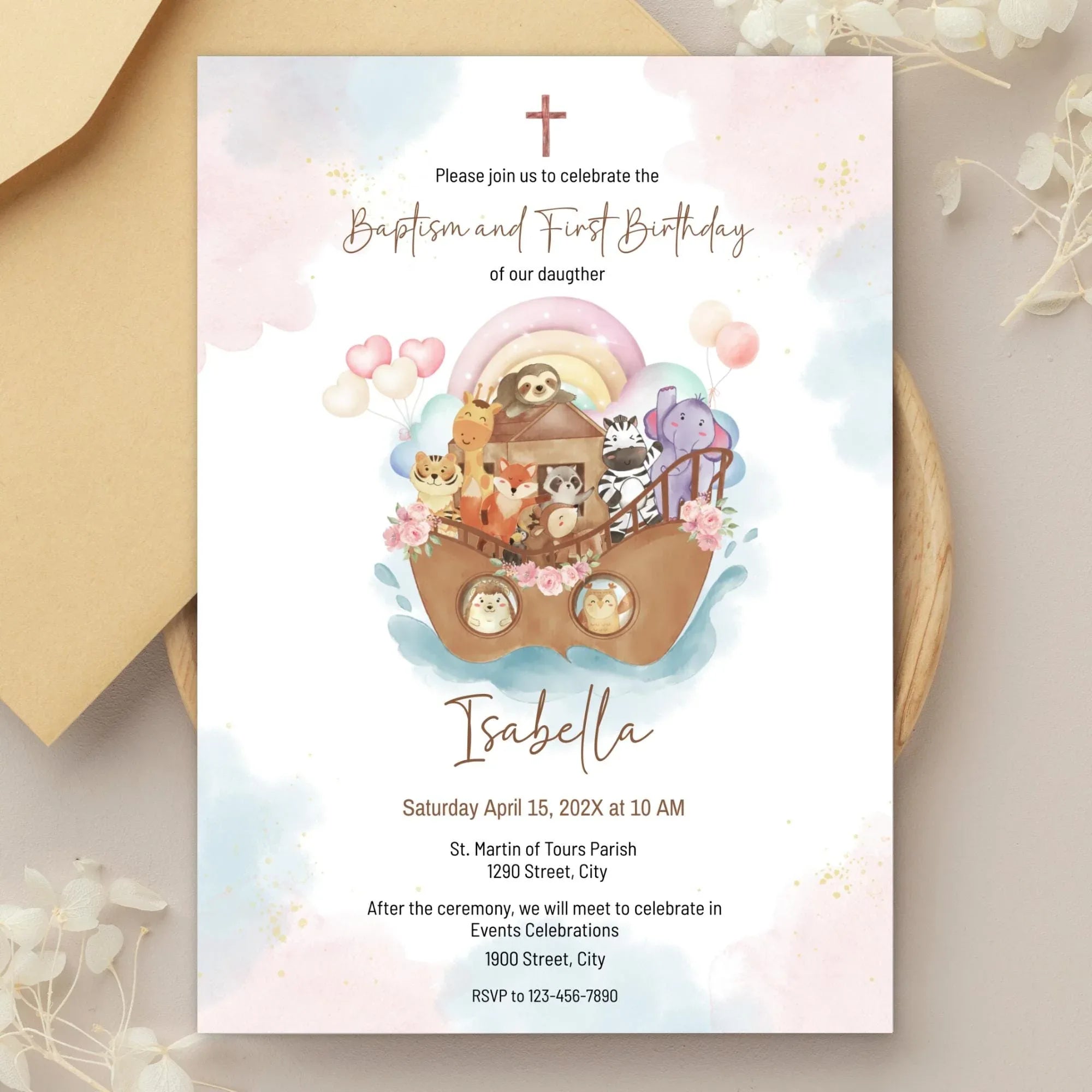Girl Noah's Ark Baptism and First Birthday Invitation - Lovely Party