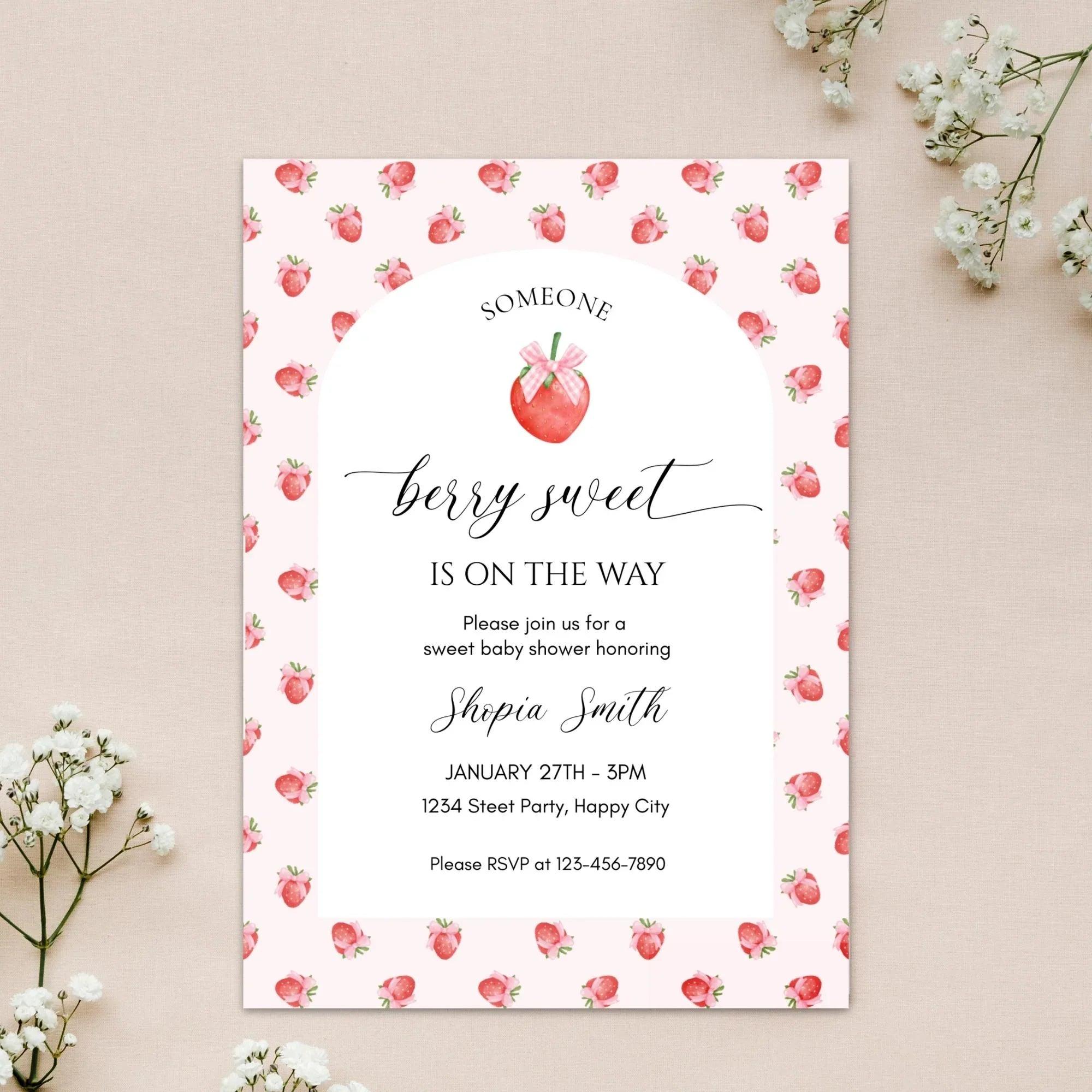 Strawberry Baby Shower Invitation Template, Berry Sweet Baby on the Way Invite, Berry Sweet Invitation, Printable Invite, Shower Evite - Lovely Printable Party