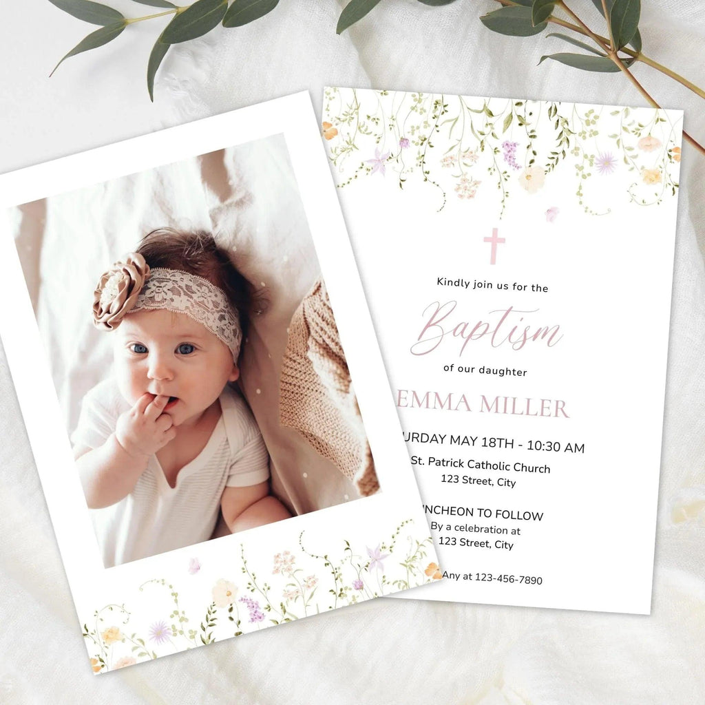 Girl Baptism Invitation with Photo – Corjl Template – Printable Floral Christening Invite – Digital Download - Lovely Printable Party