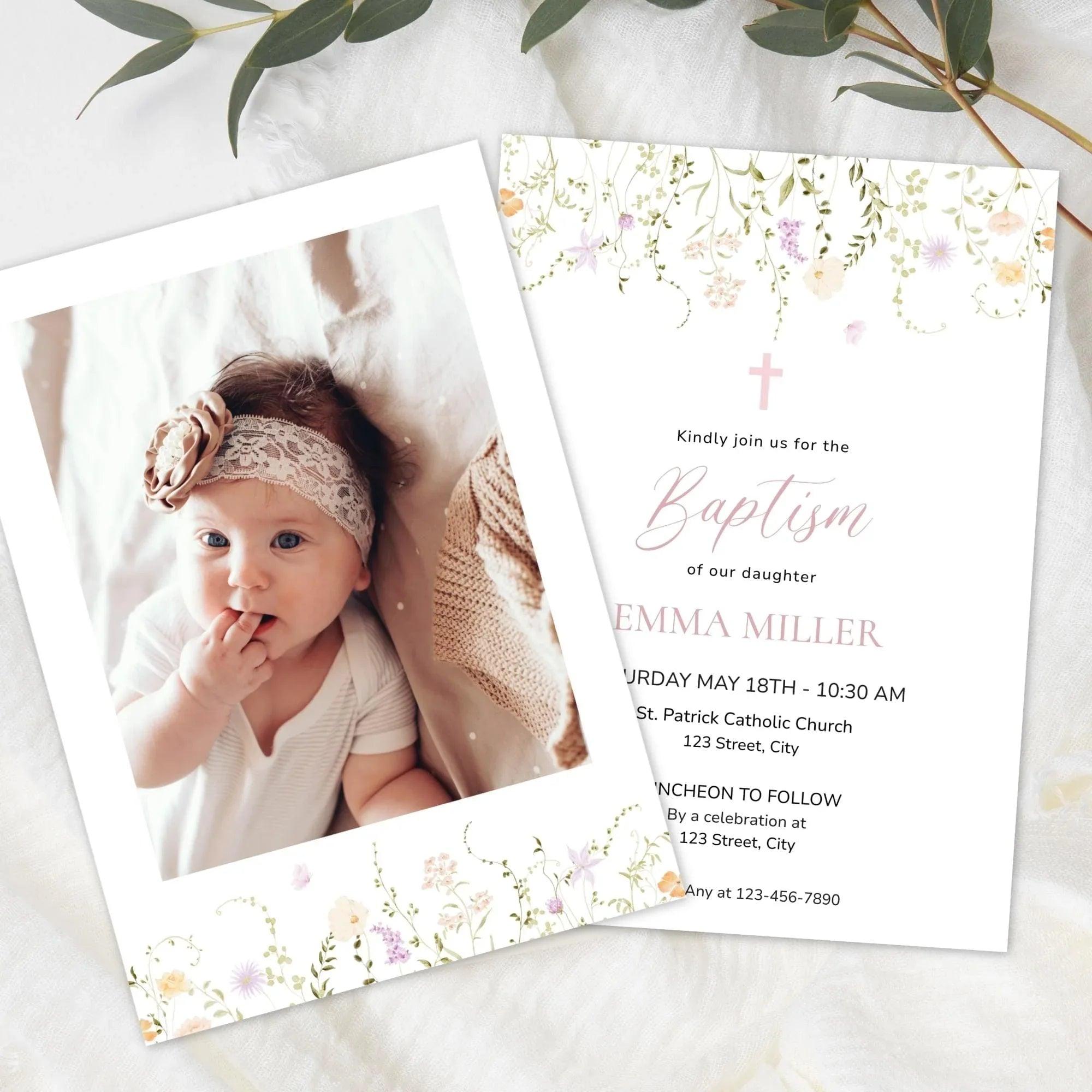 Girl Baptism Invitation with Photo – Corjl Template – Printable Floral Christening Invite – Digital Download - Lovely Printable Party
